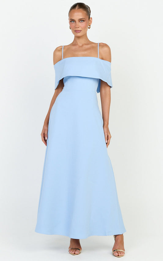 Aviana Midi Dress - Bodice Overlay A Line Dress in Blue