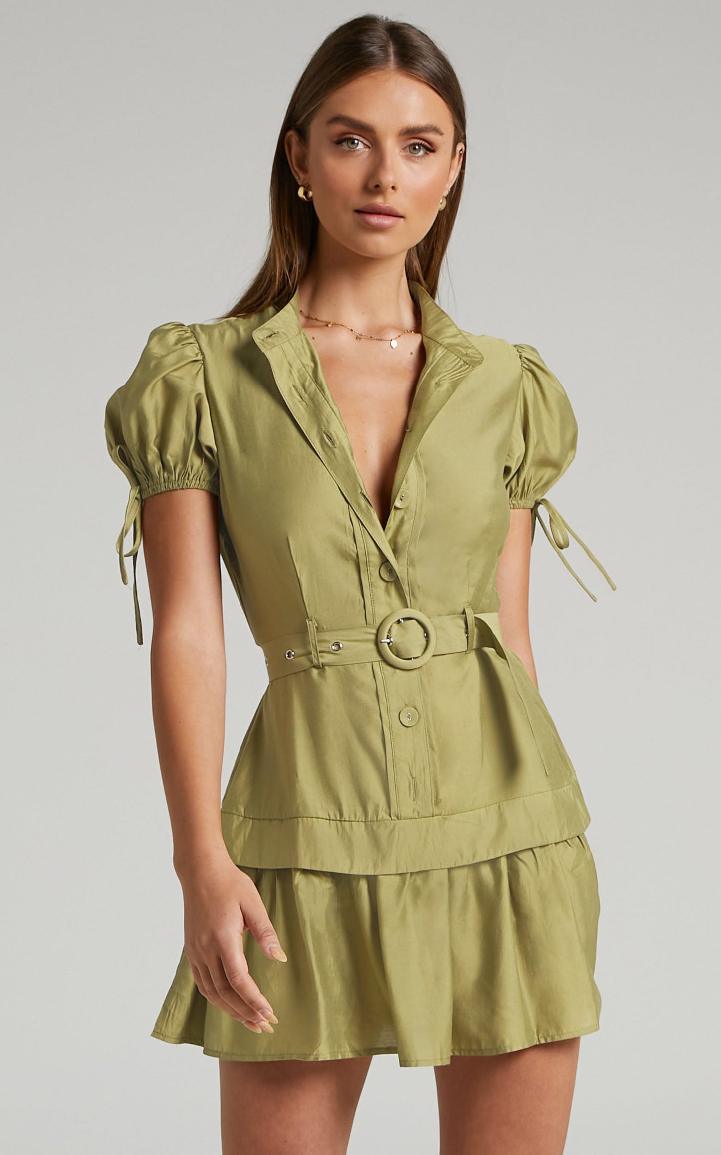 Avonni Mini Dress - Belt Button Through Dress in Khaki