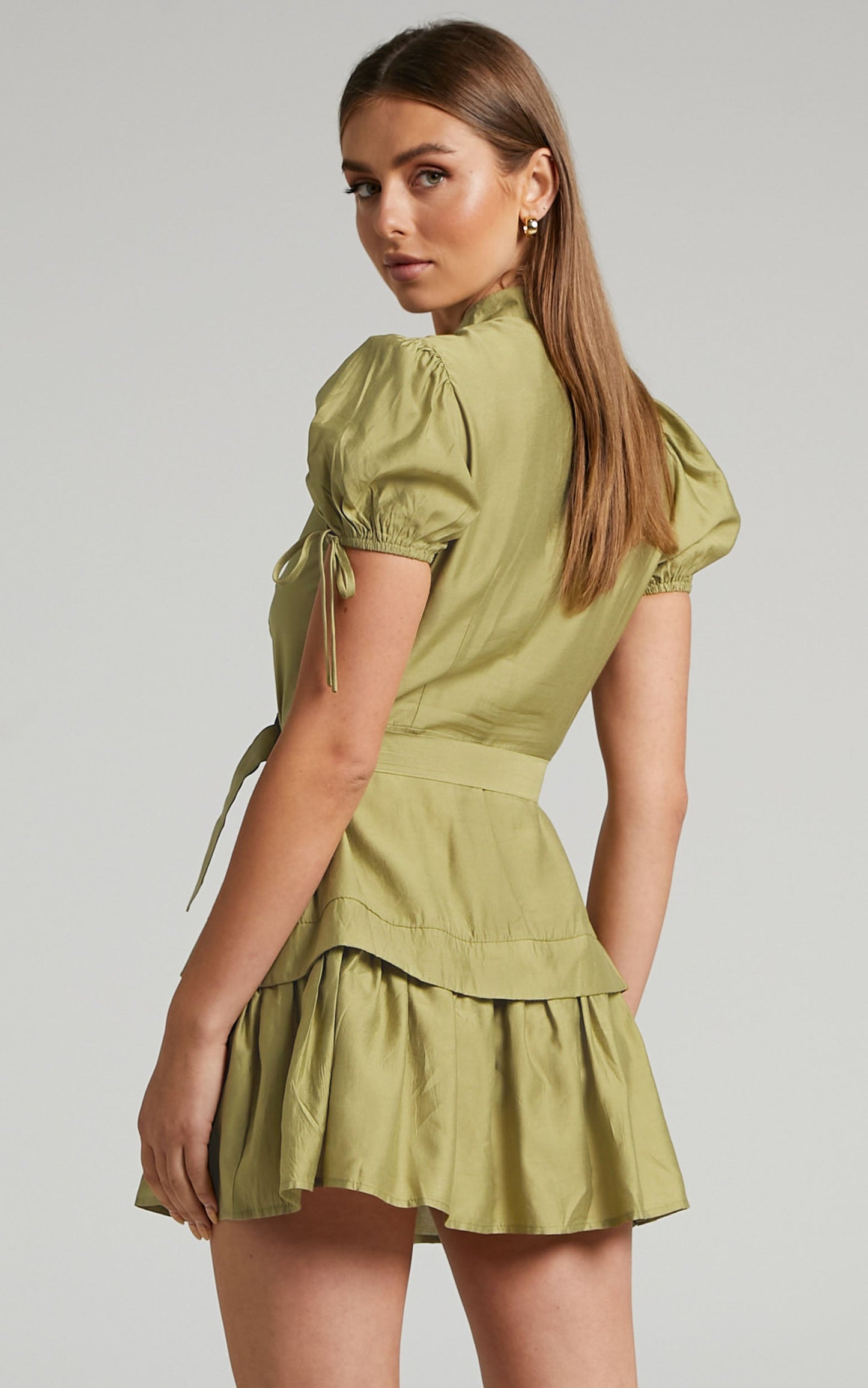 Avonni Mini Dress - Belt Button Through Dress in Khaki