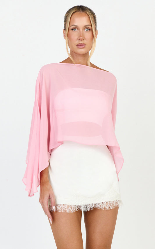 Aya Top - Sheer Off Shoulder Cape Top in Pink