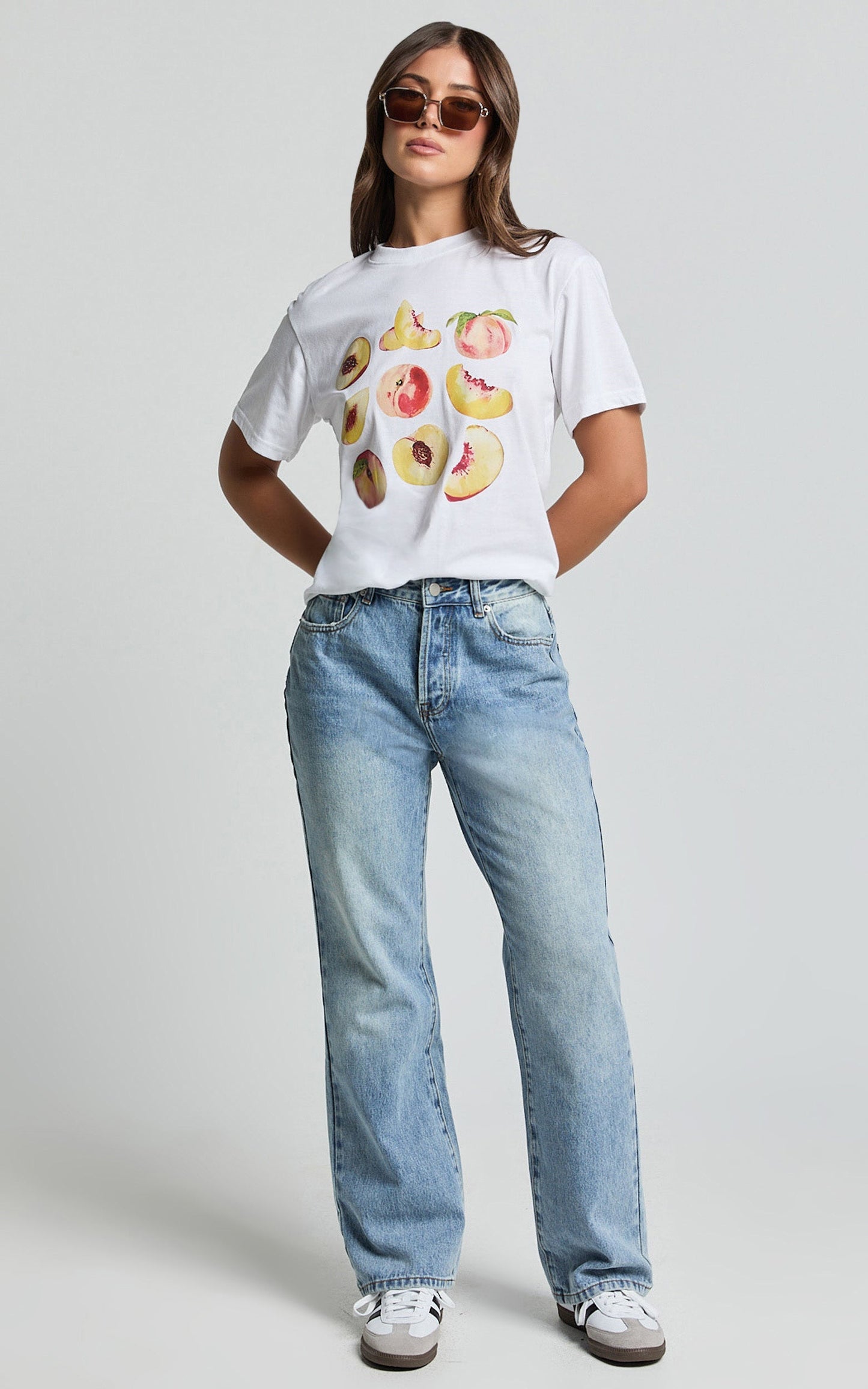 Ayah Shirt - Peach Print Crew Neck Oversized T Shirt in White