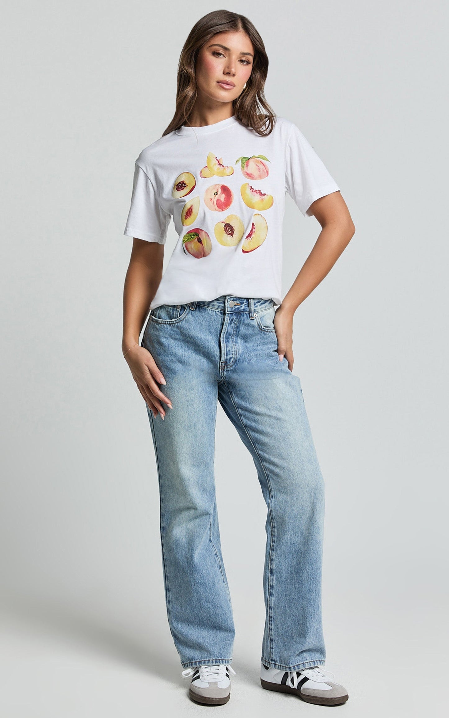 Ayah Shirt - Peach Print Crew Neck Oversized T Shirt in White