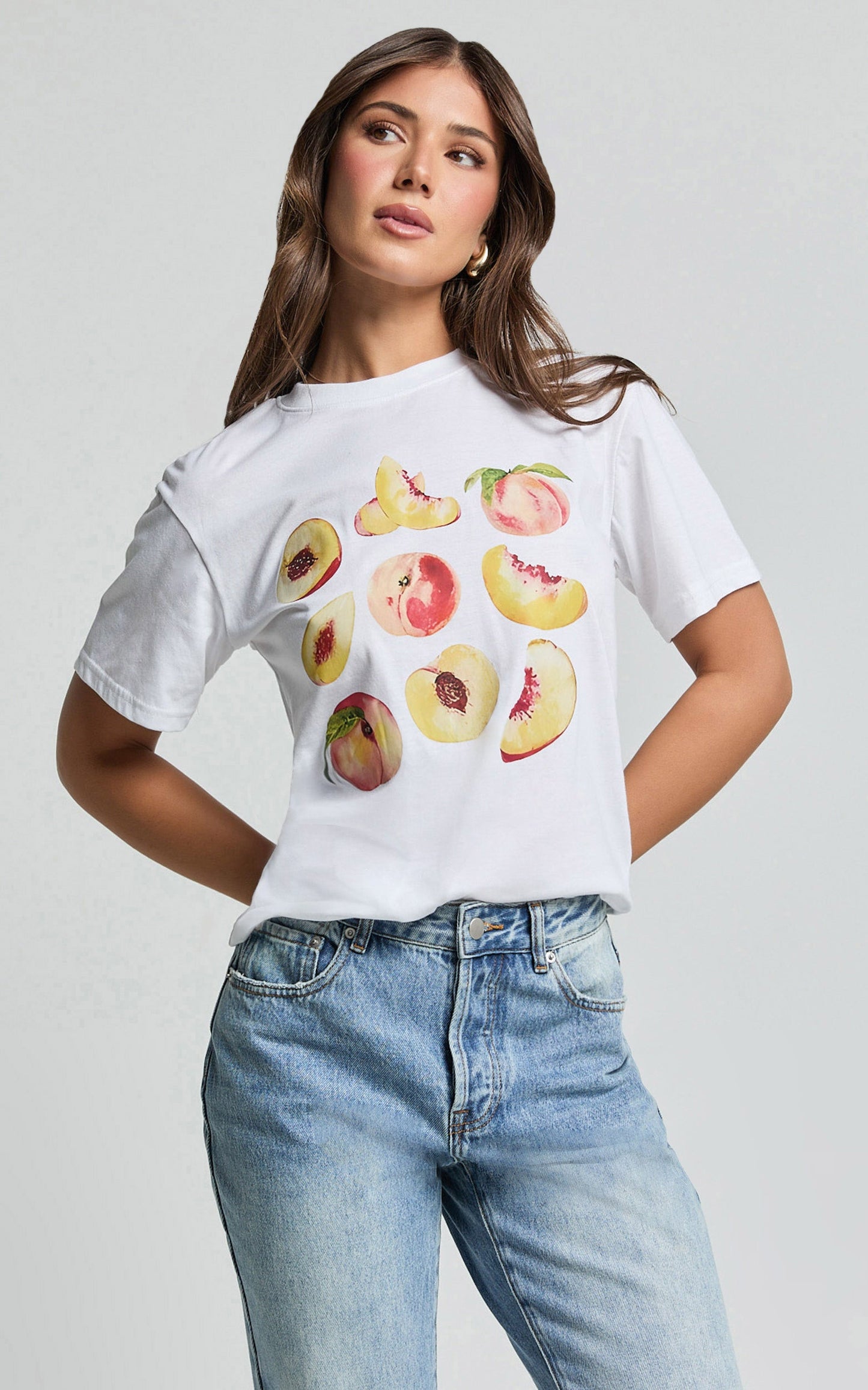 Ayah Shirt - Peach Print Crew Neck Oversized T Shirt in White