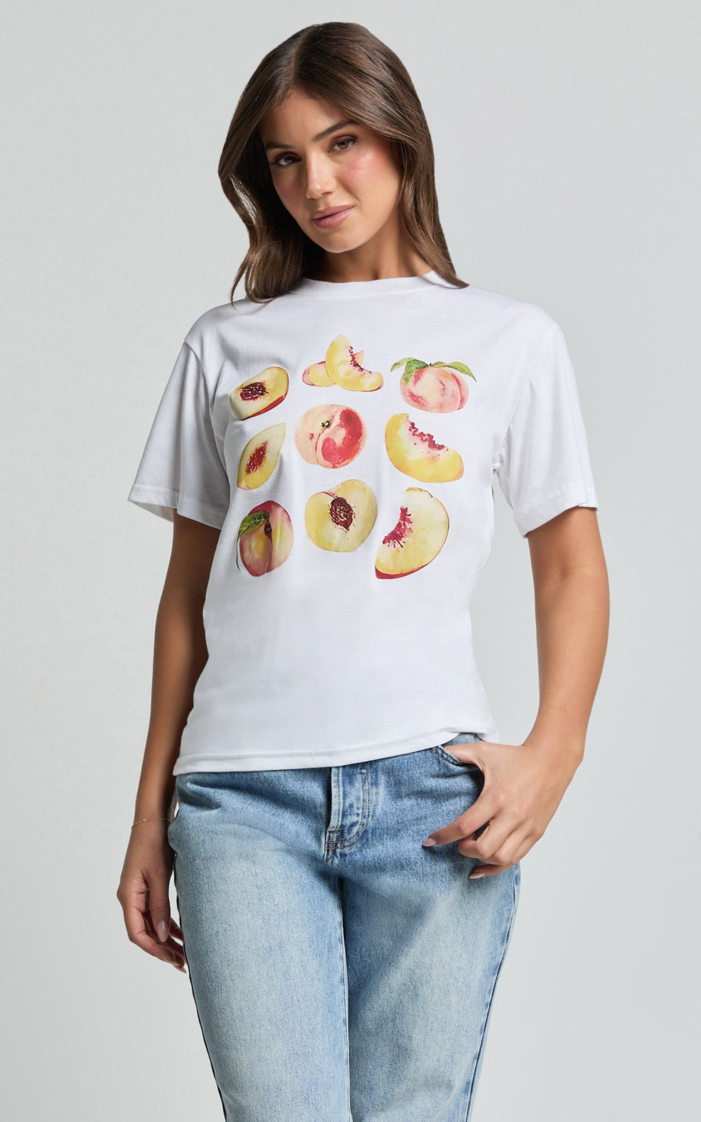 Ayah Shirt - Peach Print Crew Neck Oversized T Shirt in White