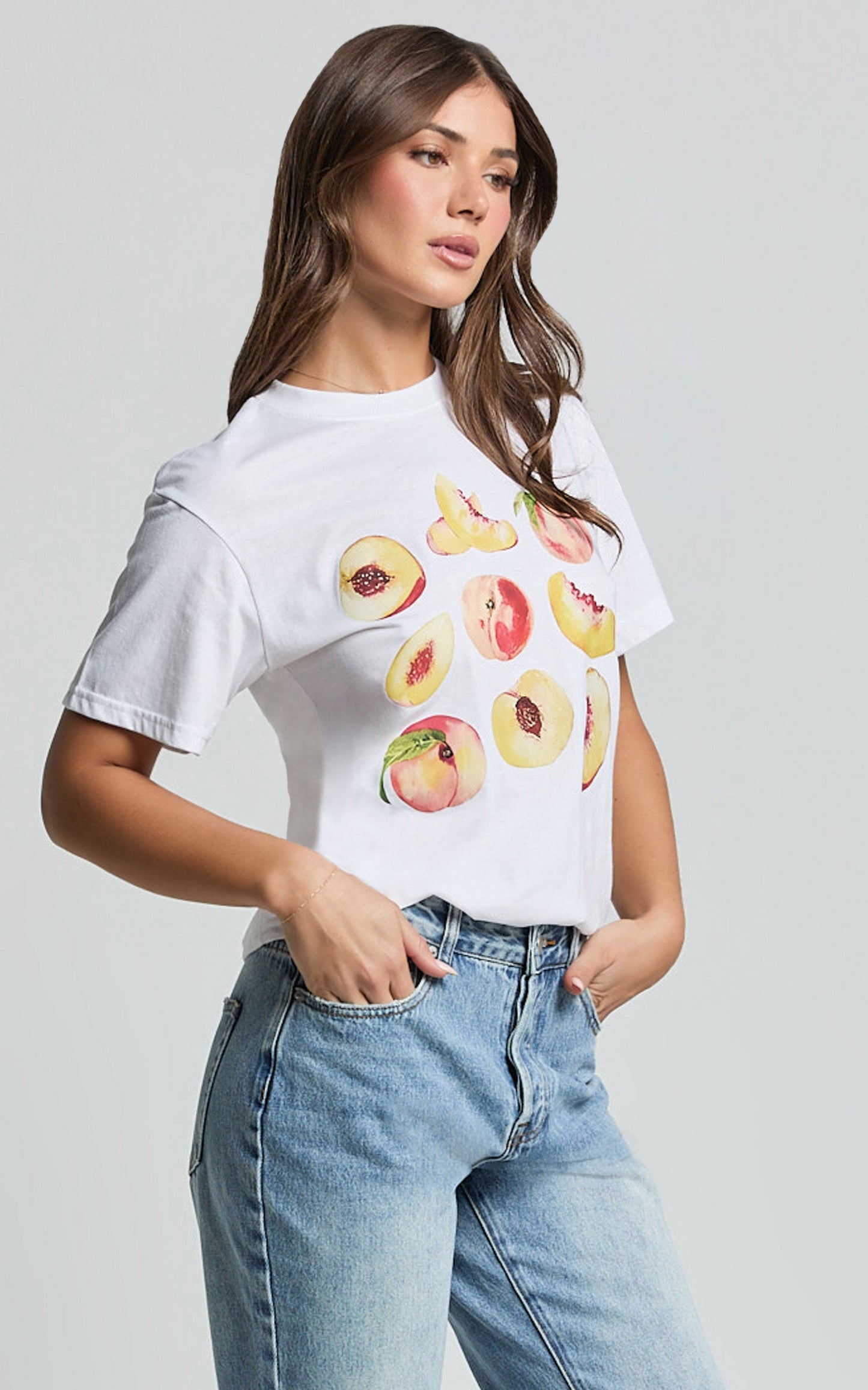 Ayah Shirt - Peach Print Crew Neck Oversized T Shirt in White