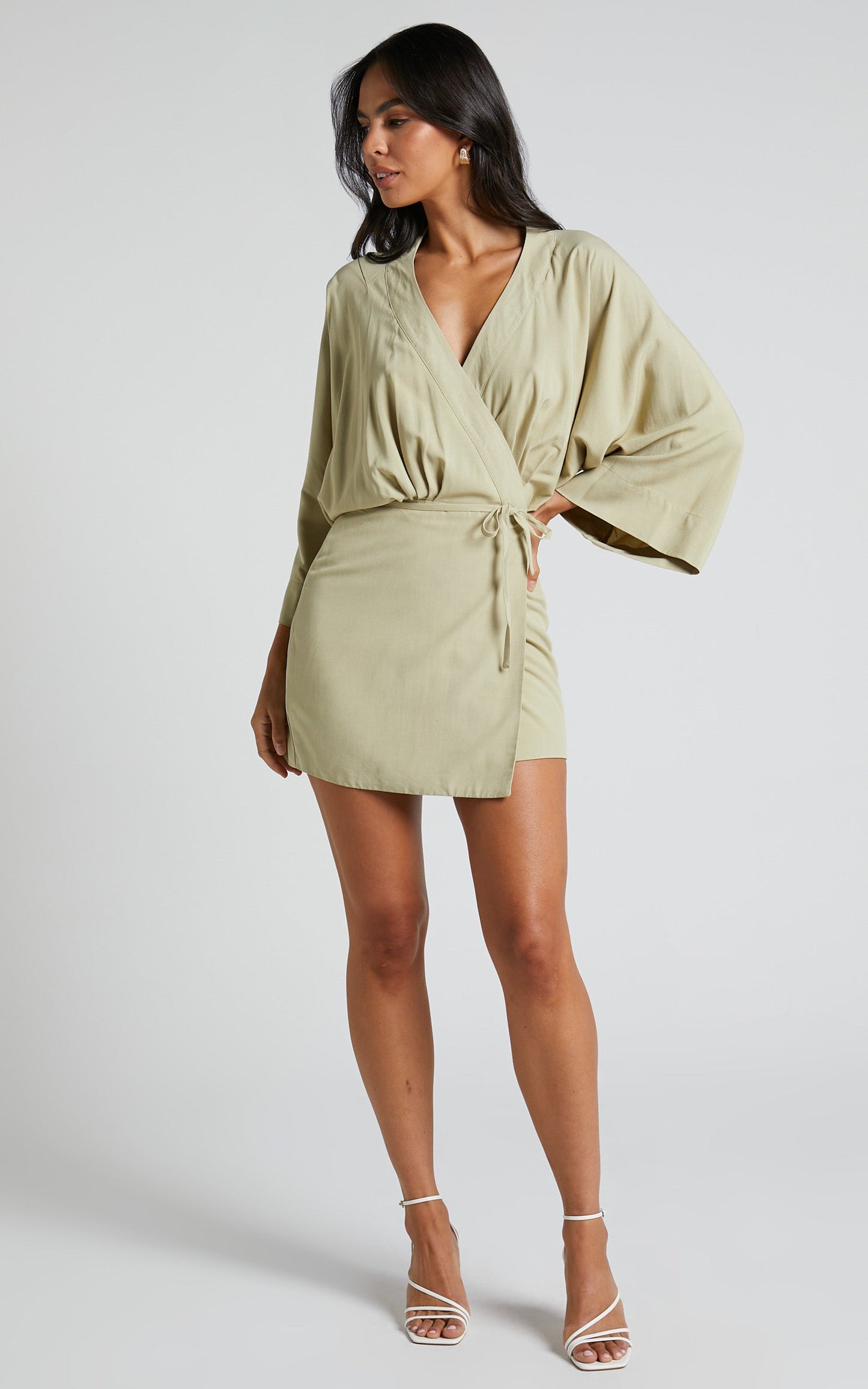 Ayelin Mini Dress - Kimono Sleeve Wrap Dress in Light Khaki