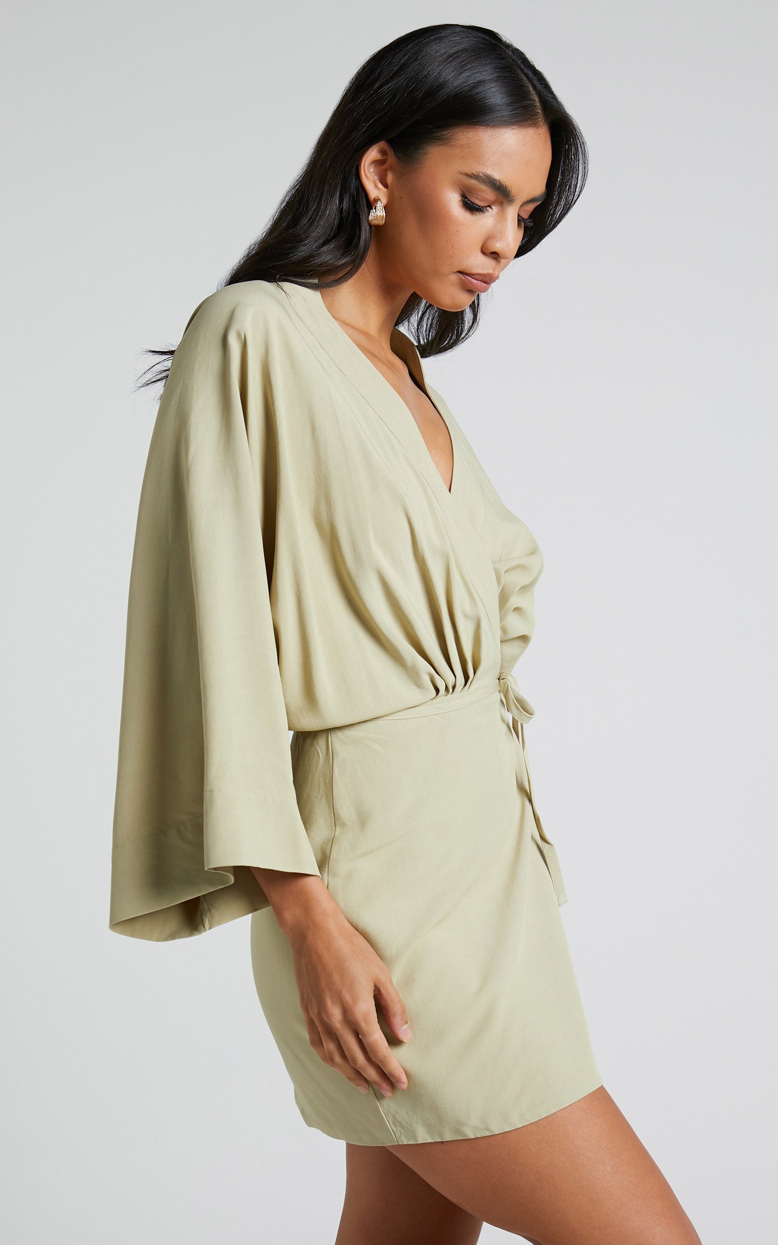 Ayelin Mini Dress - Kimono Sleeve Wrap Dress in Light Khaki