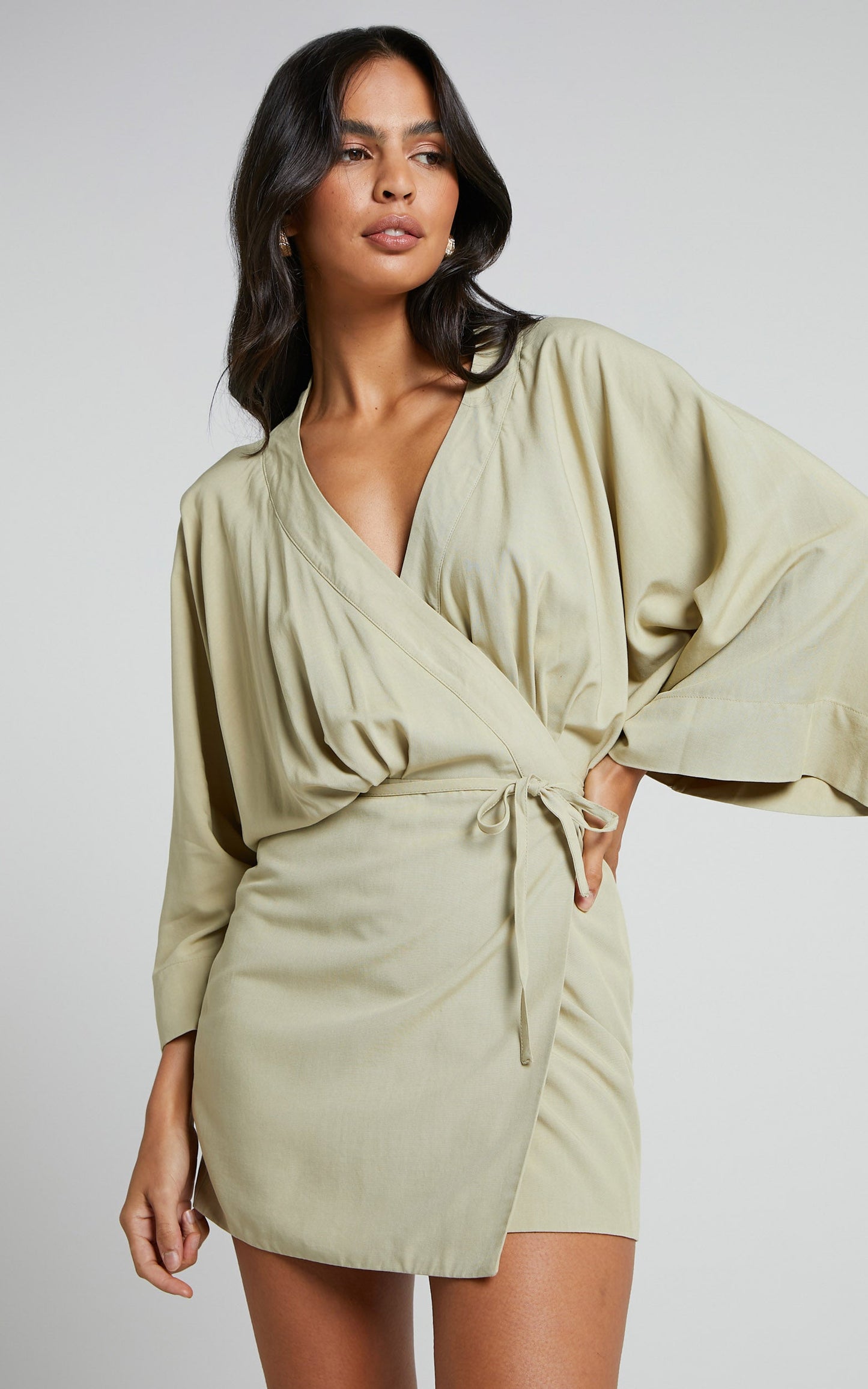 Ayelin Mini Dress - Kimono Sleeve Wrap Dress in Light Khaki