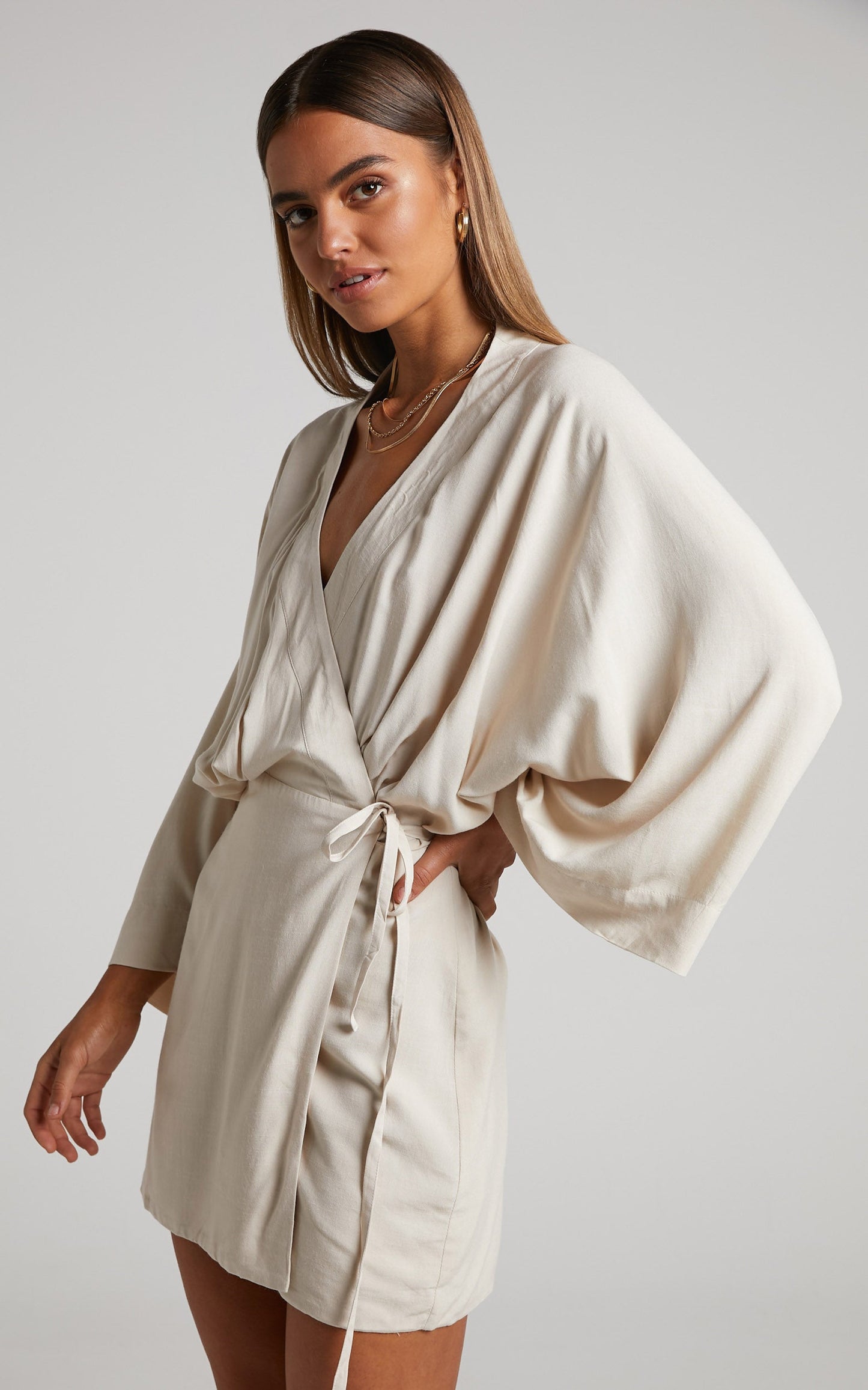 Ayelin Mini Dress - Kimono Sleeve Wrap Dress in Cream