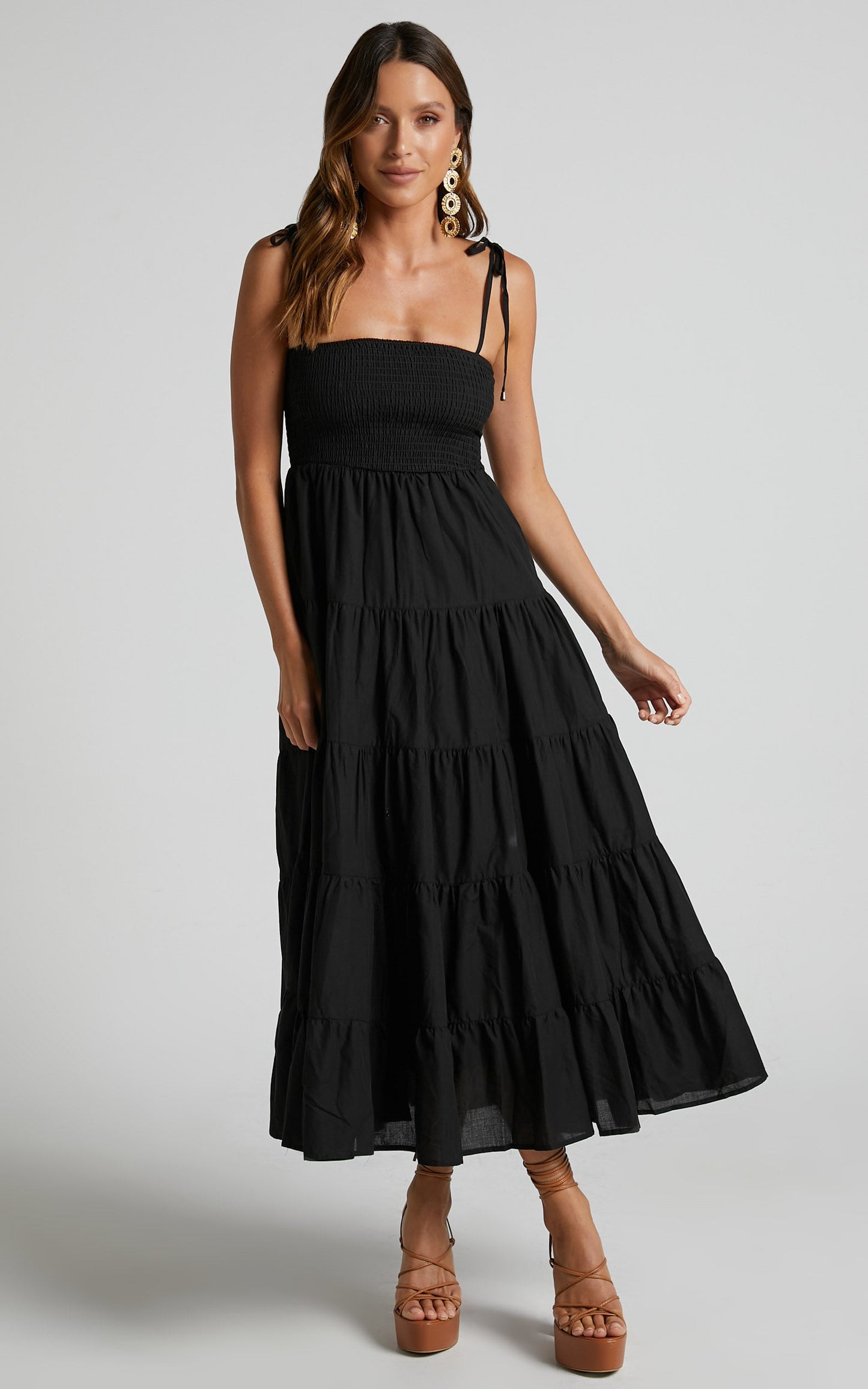 Ayla Midi Dress - Tie Up Strap Tiered Dress in Black