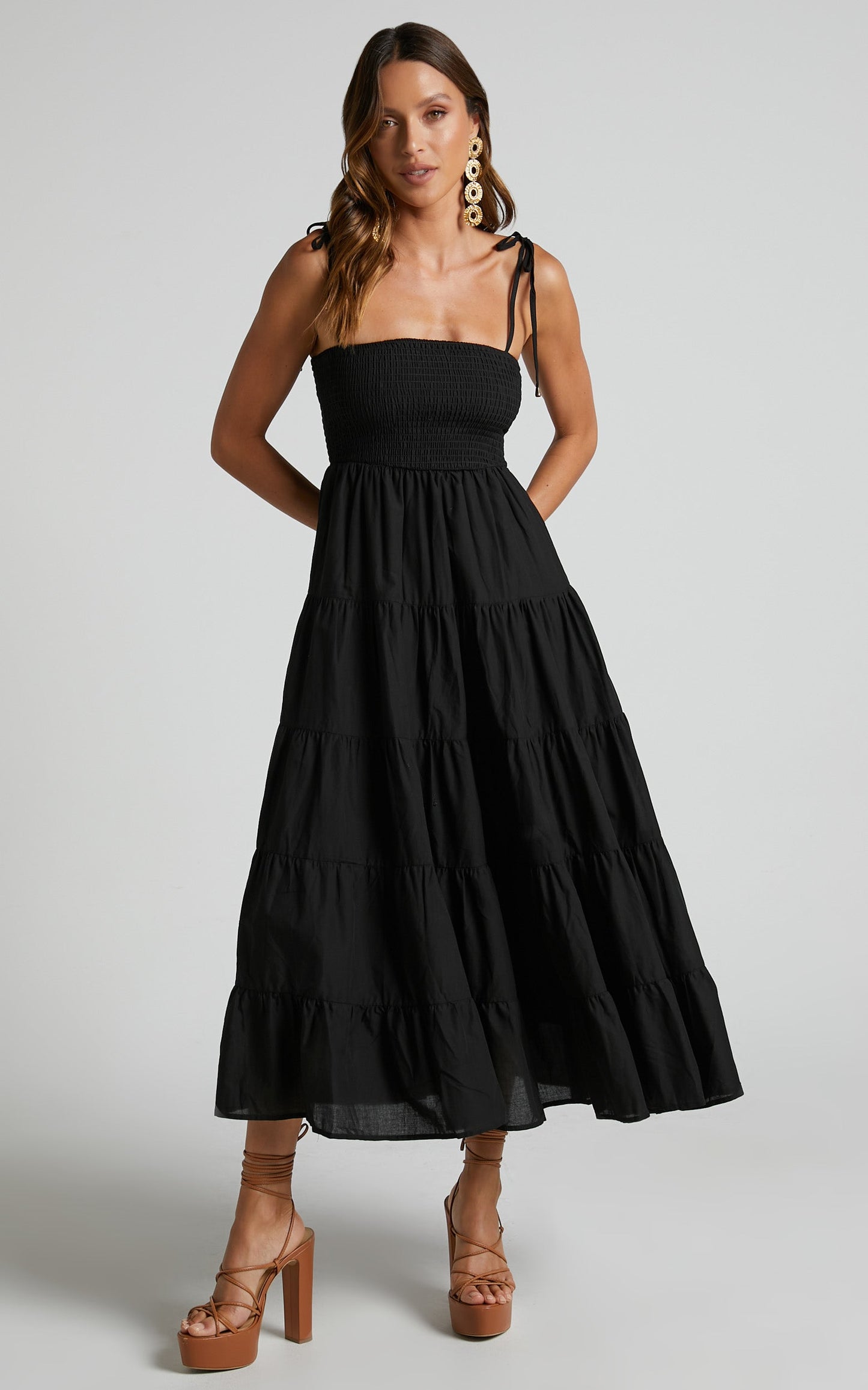 Ayla Midi Dress - Tie Up Strap Tiered Dress in Black