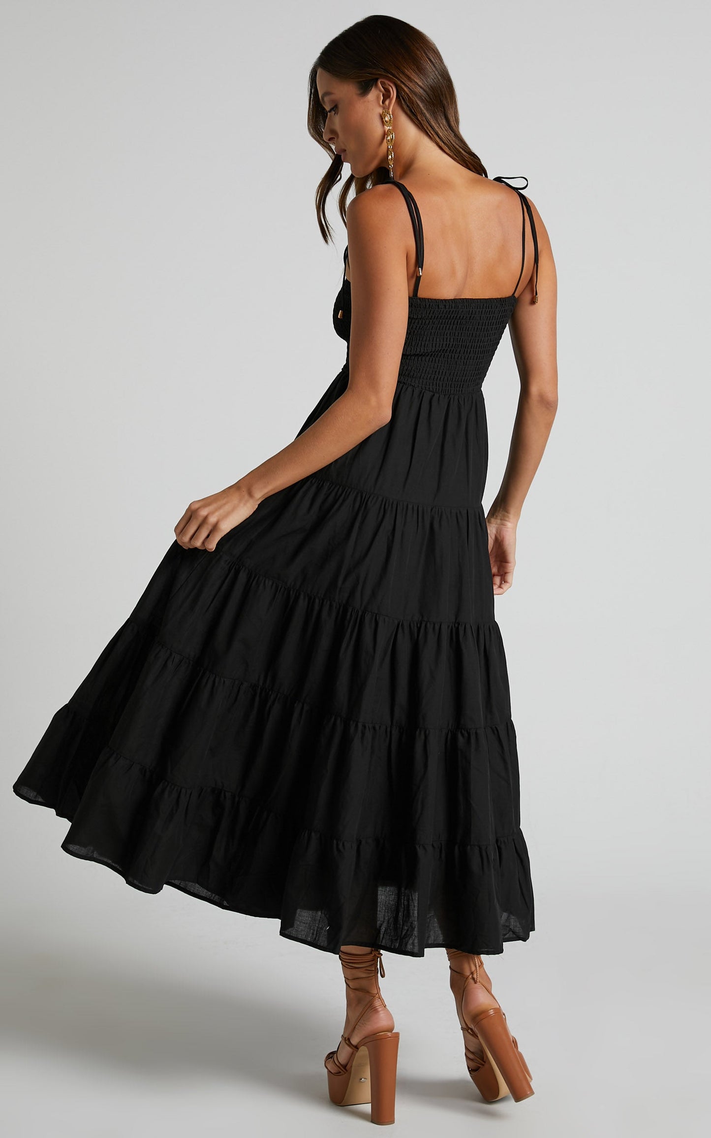 Ayla Midi Dress - Tie Up Strap Tiered Dress in Black