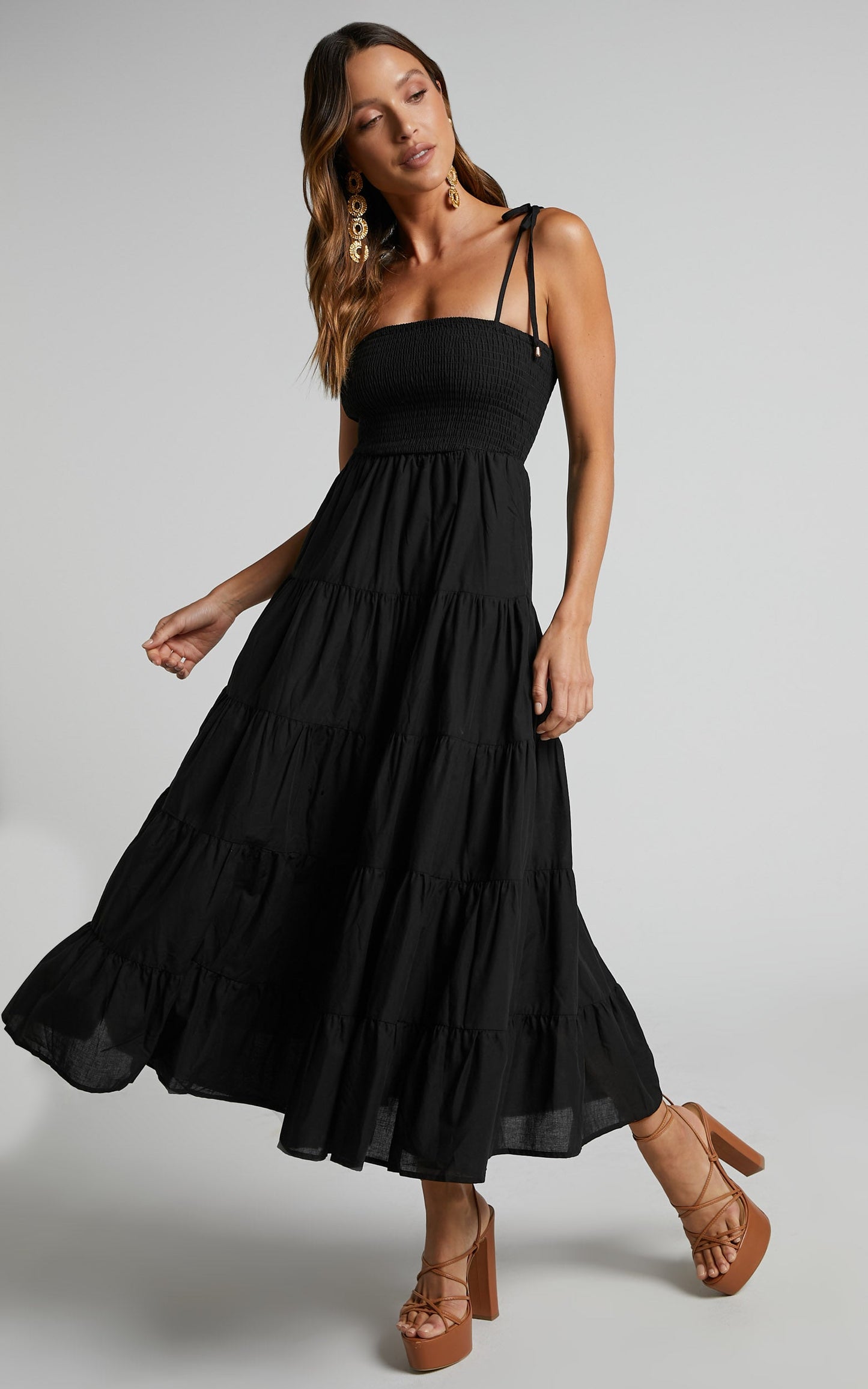 Ayla Midi Dress - Tie Up Strap Tiered Dress in Black