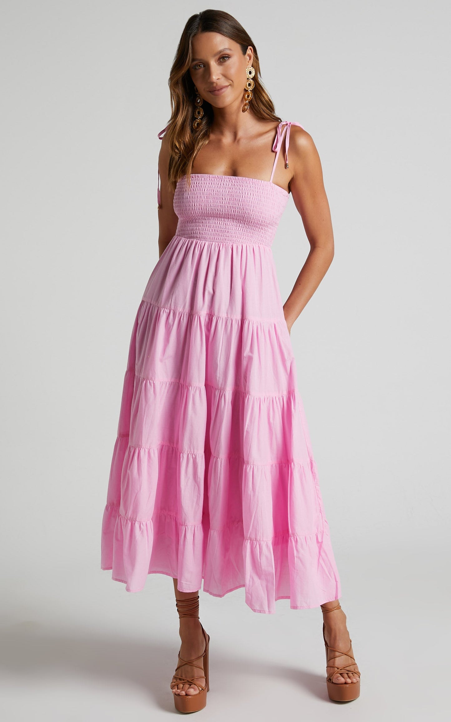 Ayla Midi Dress - Tie Up Strap Tiered Dress in Candy Pink