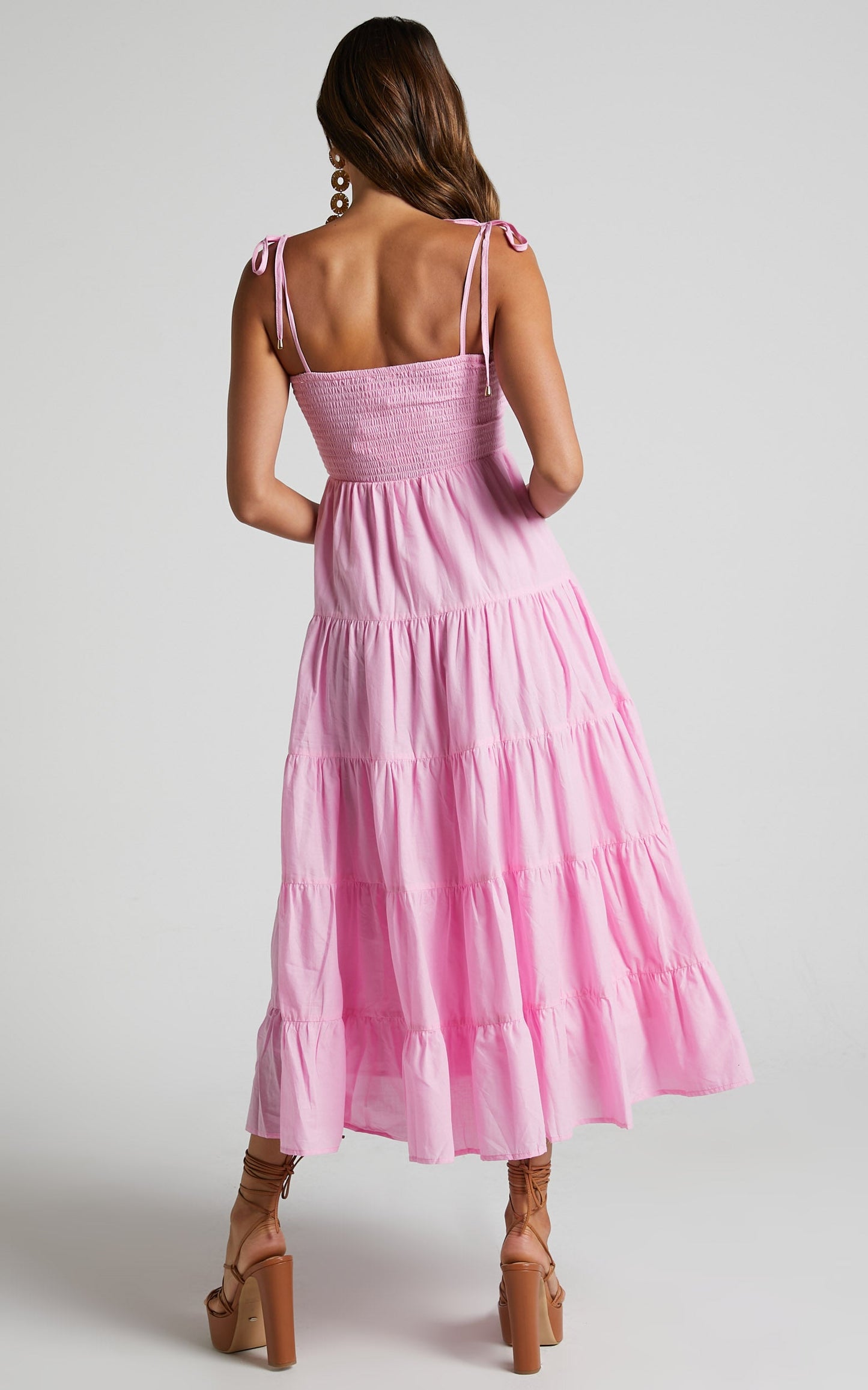 Ayla Midi Dress - Tie Up Strap Tiered Dress in Candy Pink