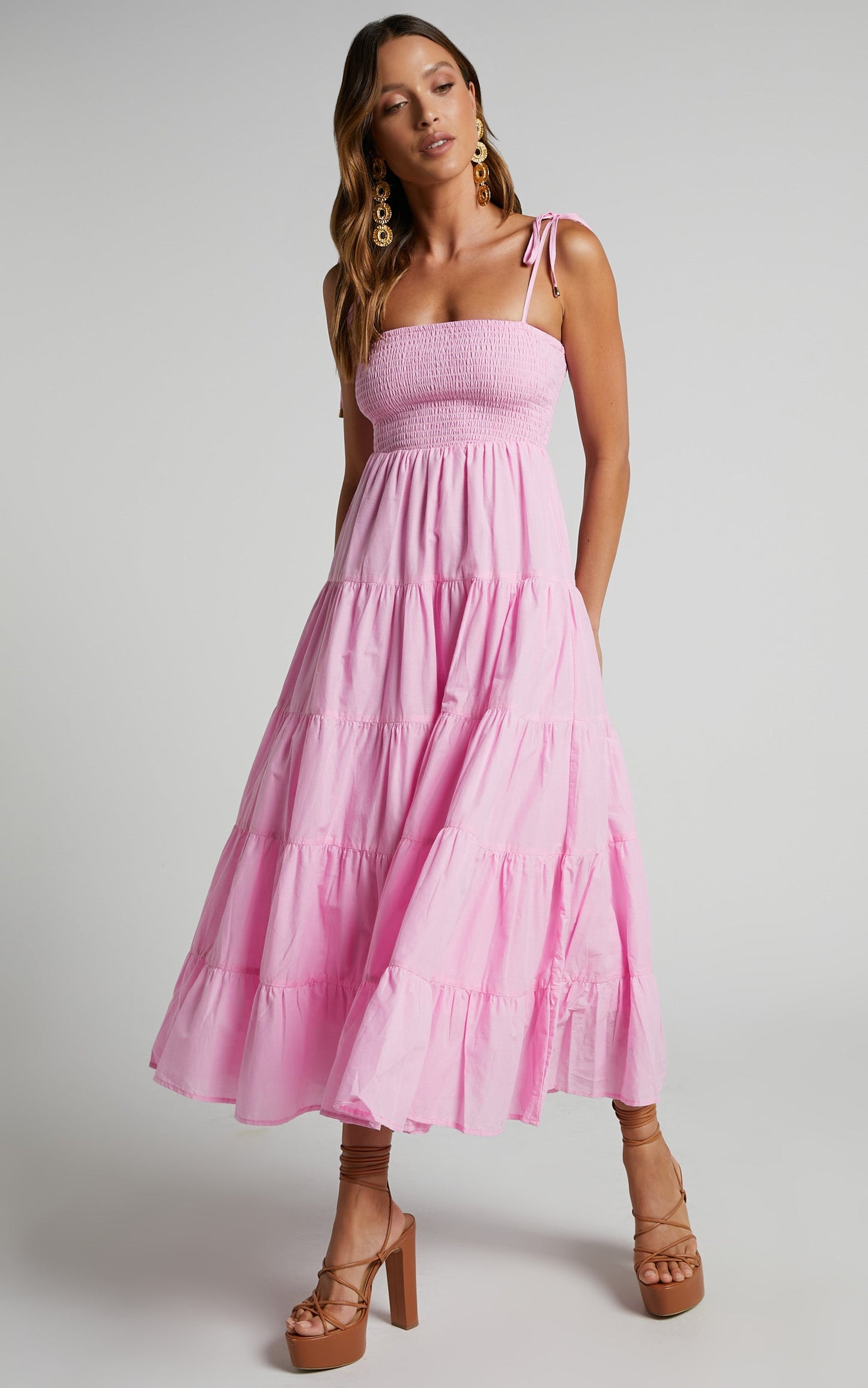 Ayla Midi Dress - Tie Up Strap Tiered Dress in Candy Pink