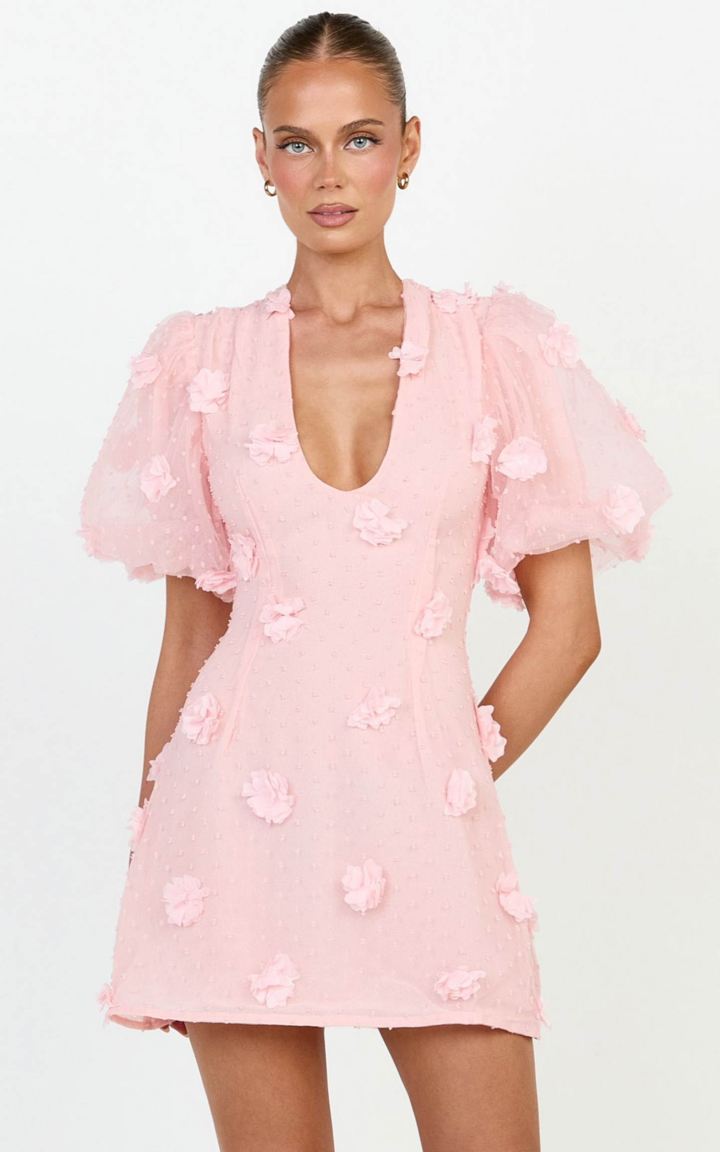 Azalea Mini Dress - Puff Sleeve 3D Floral A Line Dress in Pale Pink