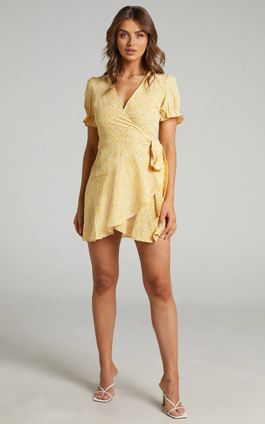 Azelle Mini Dress - Wrap Dress in Yellow Floral