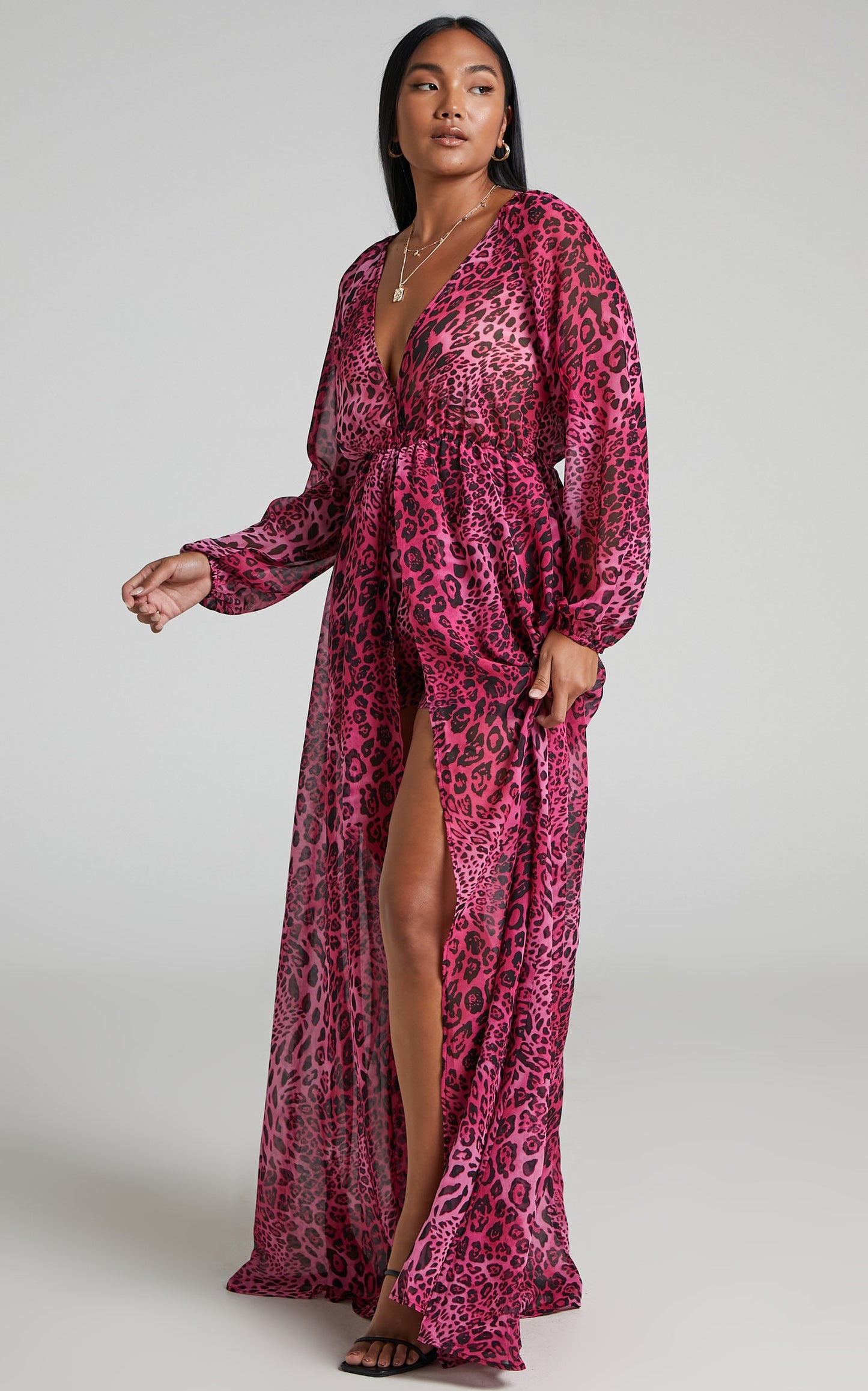 Aziza Playsuit - Plunge Neck Maxi Skirt Playsuit in Pink Leopard