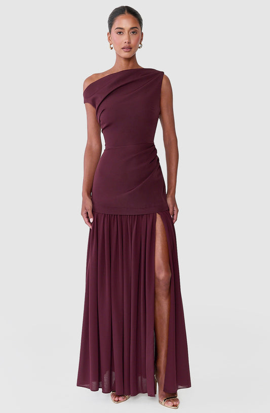 Azure Maxi Dress - Tipped Shoulder Dress With Tuck Detail and Leg Split in Plum