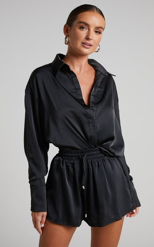 Azurine Shorts - Elastic Waist Satin Shorts in Black
