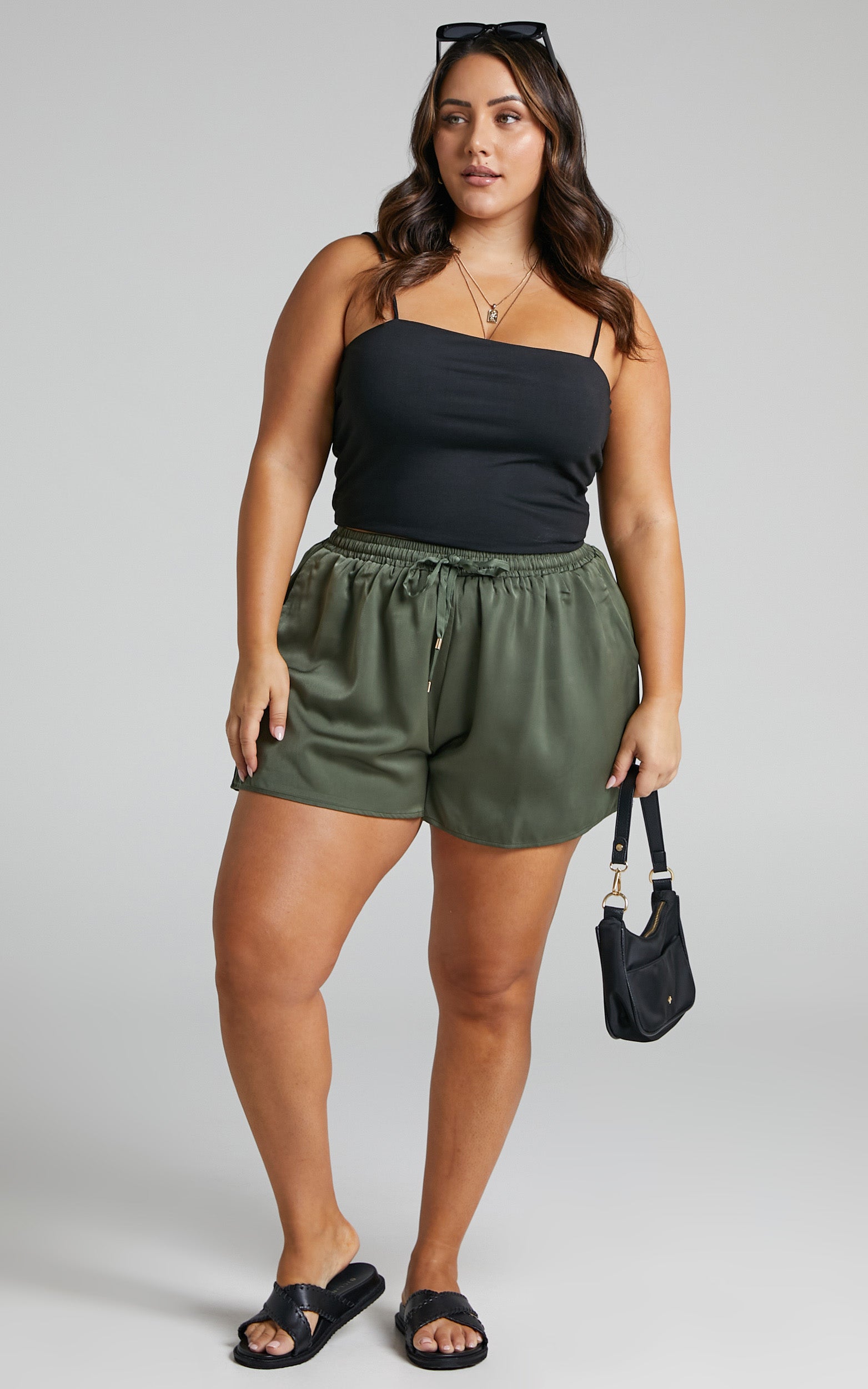 Azurine Shorts - Elastic Waist Satin Shorts in Olive