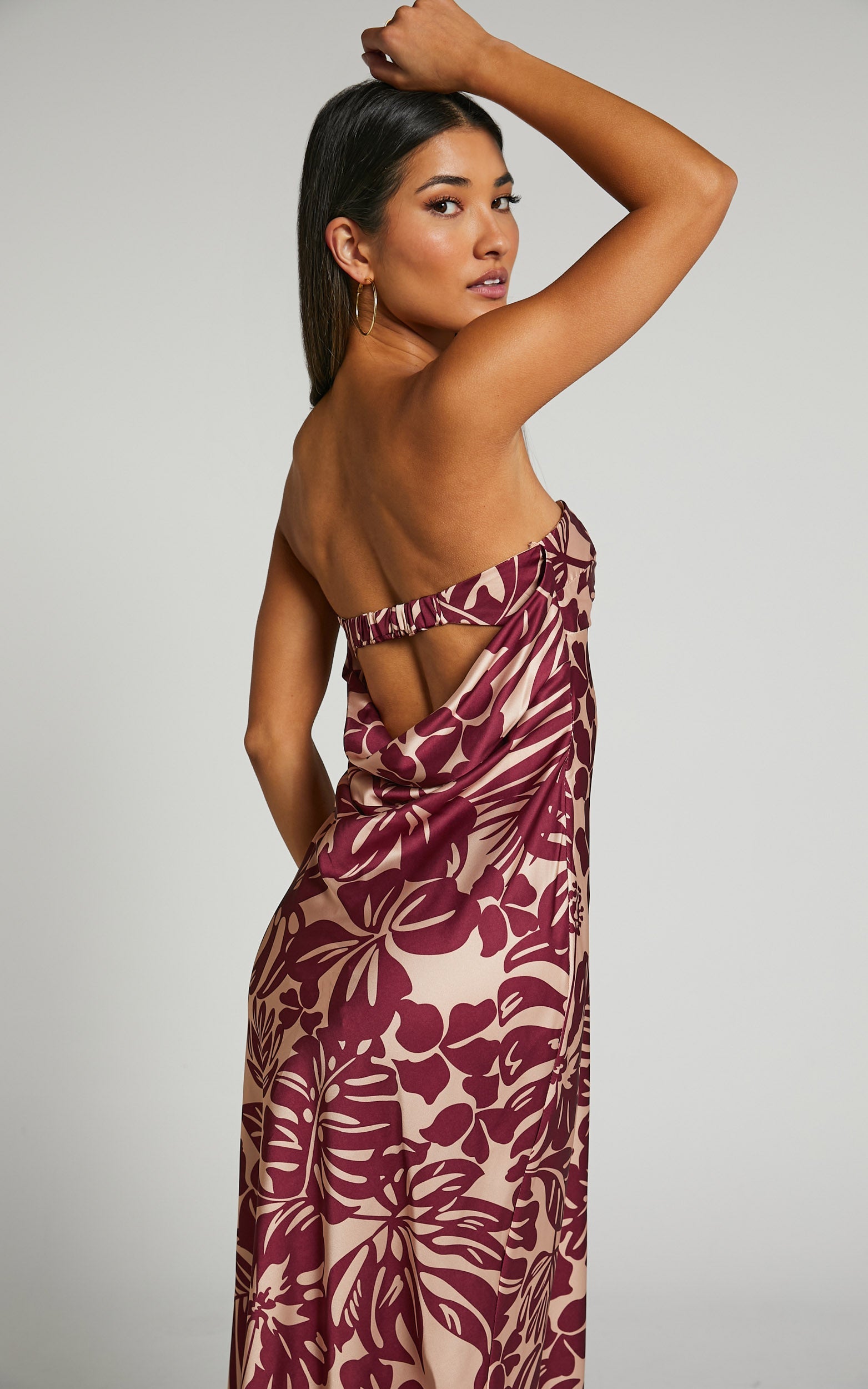 BREANA STRAPLESS RUCHED BUST MAXI in Wine Floral