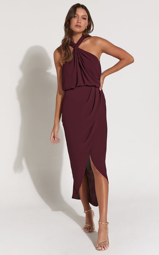 Sofiah Midi Dress - Twist Halterneck Split Dress in Merlot