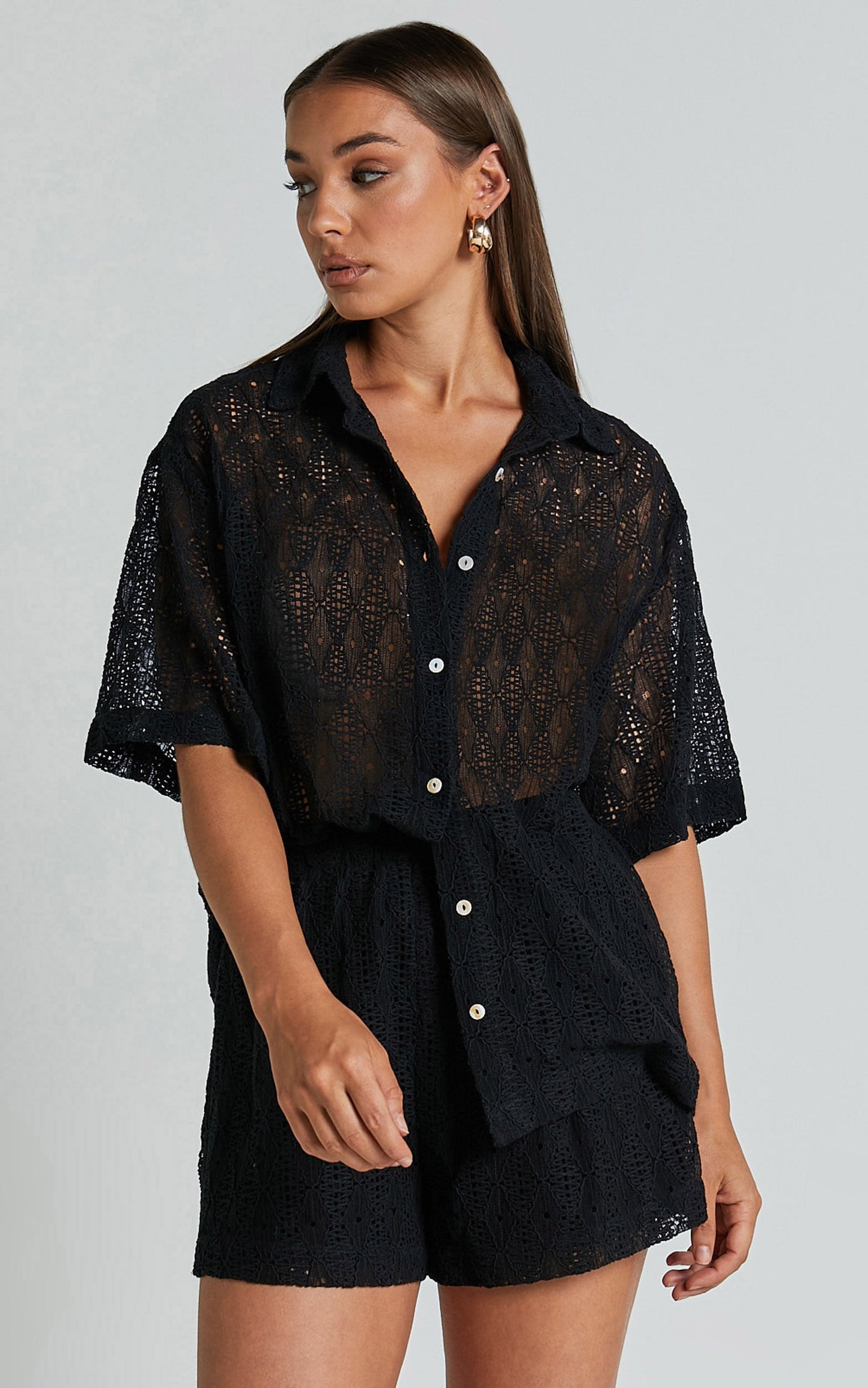 Badeth Two Piece Set - Crochet Knit Button Through Short Sleeve Shirt and Shorts Set in Black