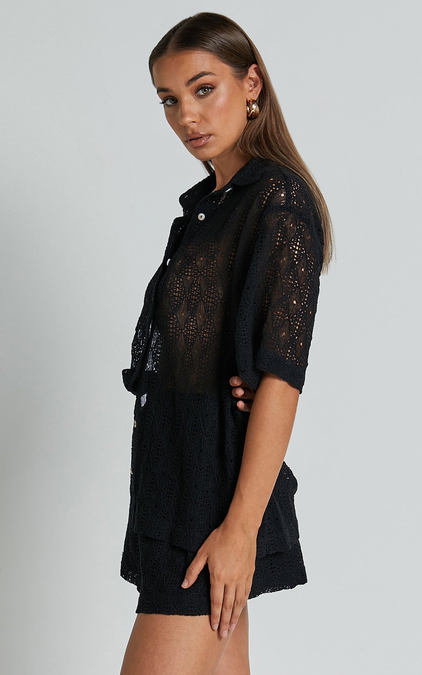 Badeth Two Piece Set - Crochet Knit Button Through Short Sleeve Shirt and Shorts Set in Black