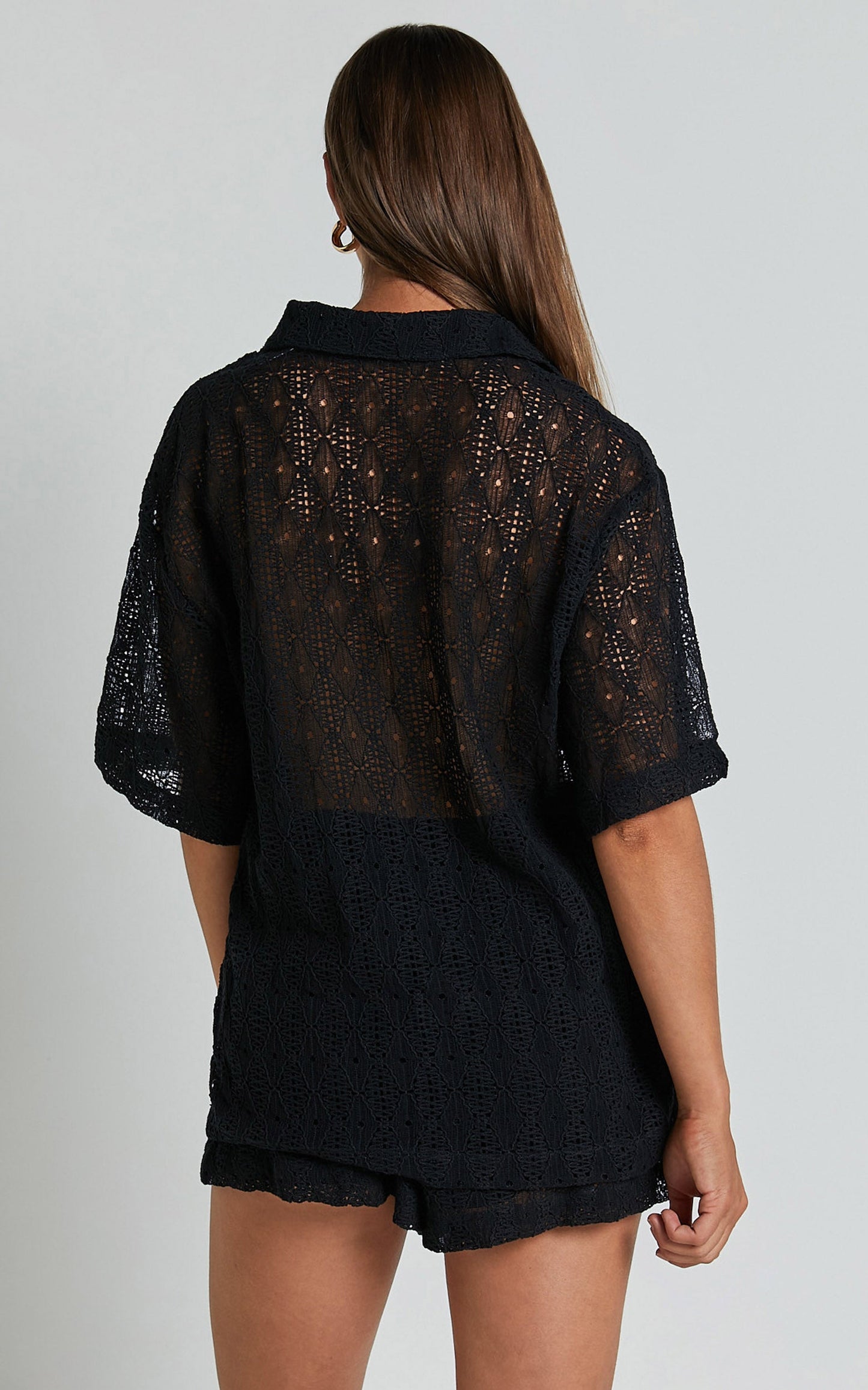 Badeth Two Piece Set - Crochet Knit Button Through Short Sleeve Shirt and Shorts Set in Black