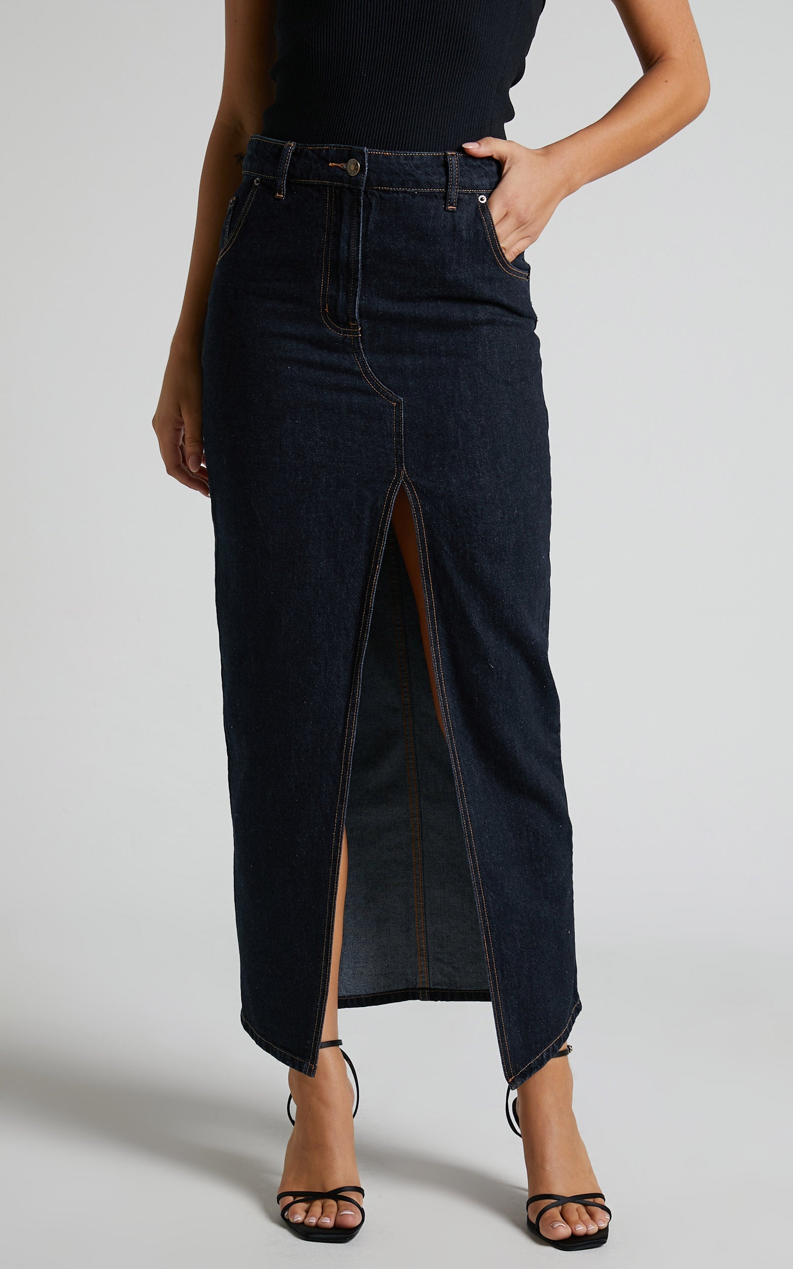 Lioness - Barbie Split Midi Skirt in Dark Denim