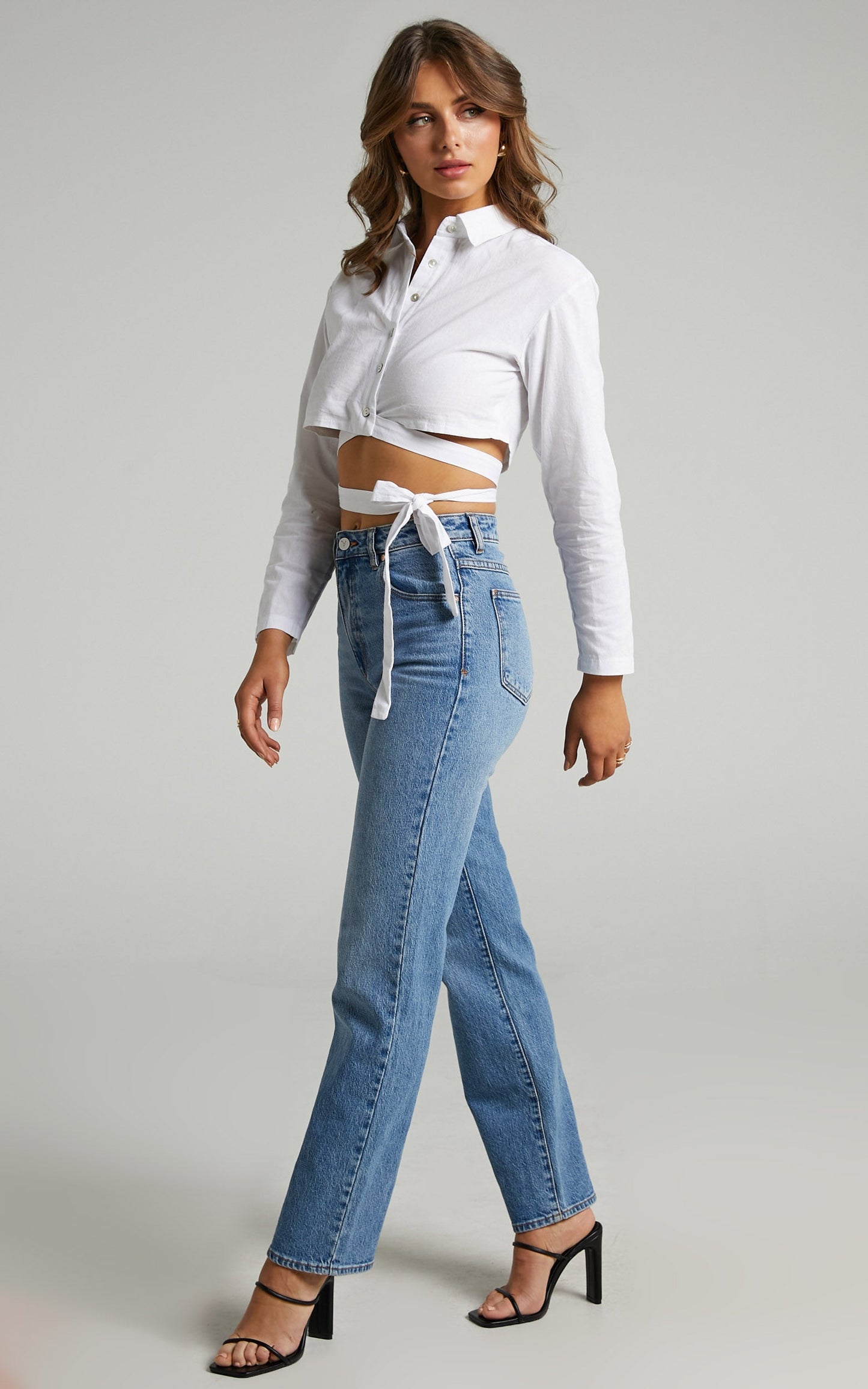 Barby collared cropped Top with tie waist in White