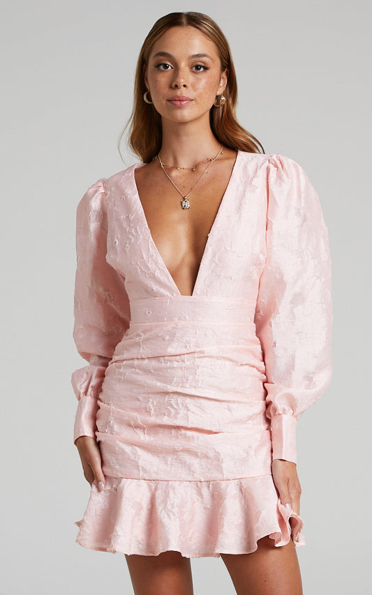 Baxia Mini Dress - Textured Balloon Sleeve Dress in Pastel Pink