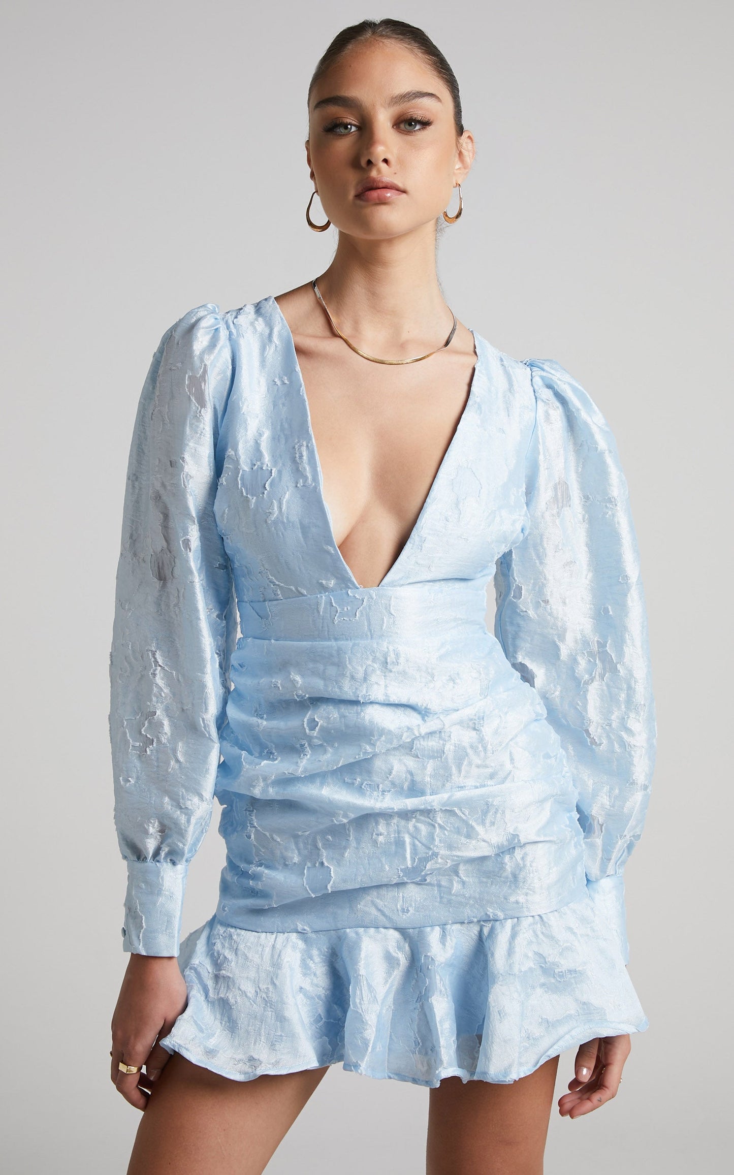 Baxia Mini Dress - Textured Balloon Sleeve Dress in Light Blue