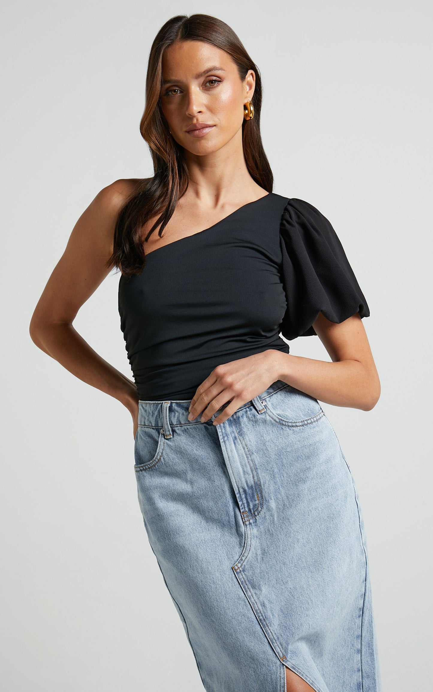 Bayley Bodysuit - One Shoulder Short Puff Sleeve in Black
