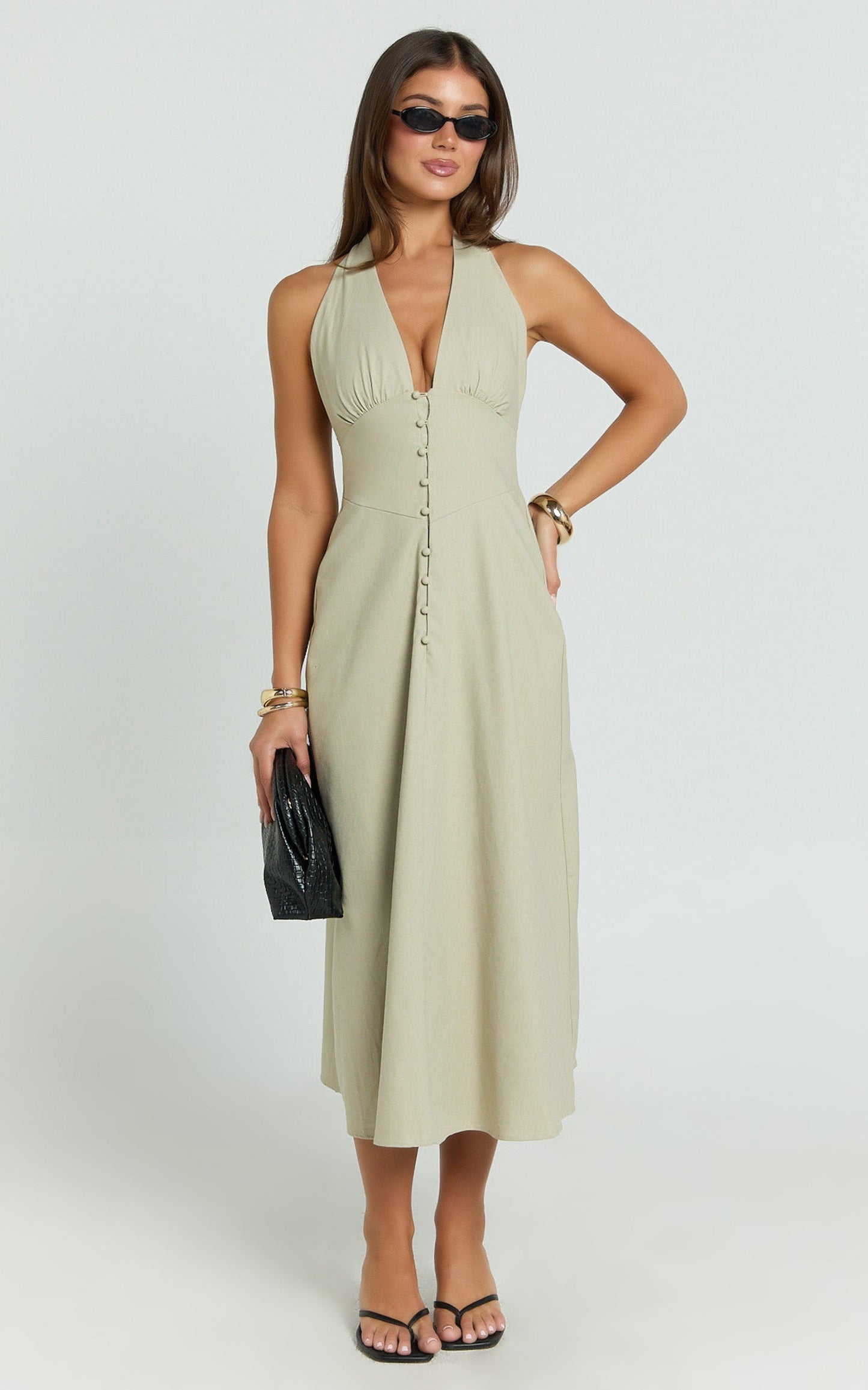 Beata Midi Dress - Plunge Halter A-Line Dress in Sage