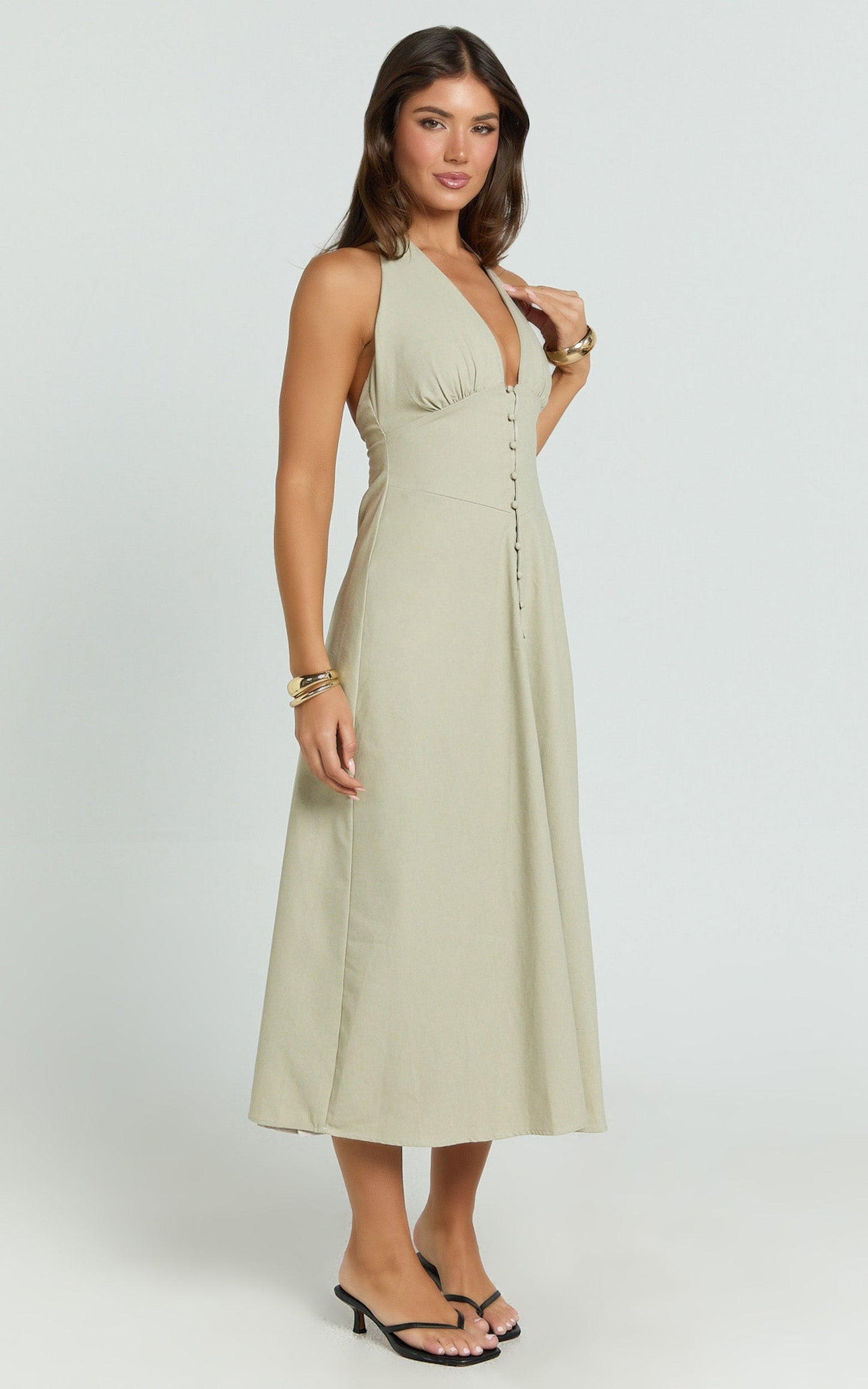 Beata Midi Dress - Plunge Halter A-Line Dress in Sage