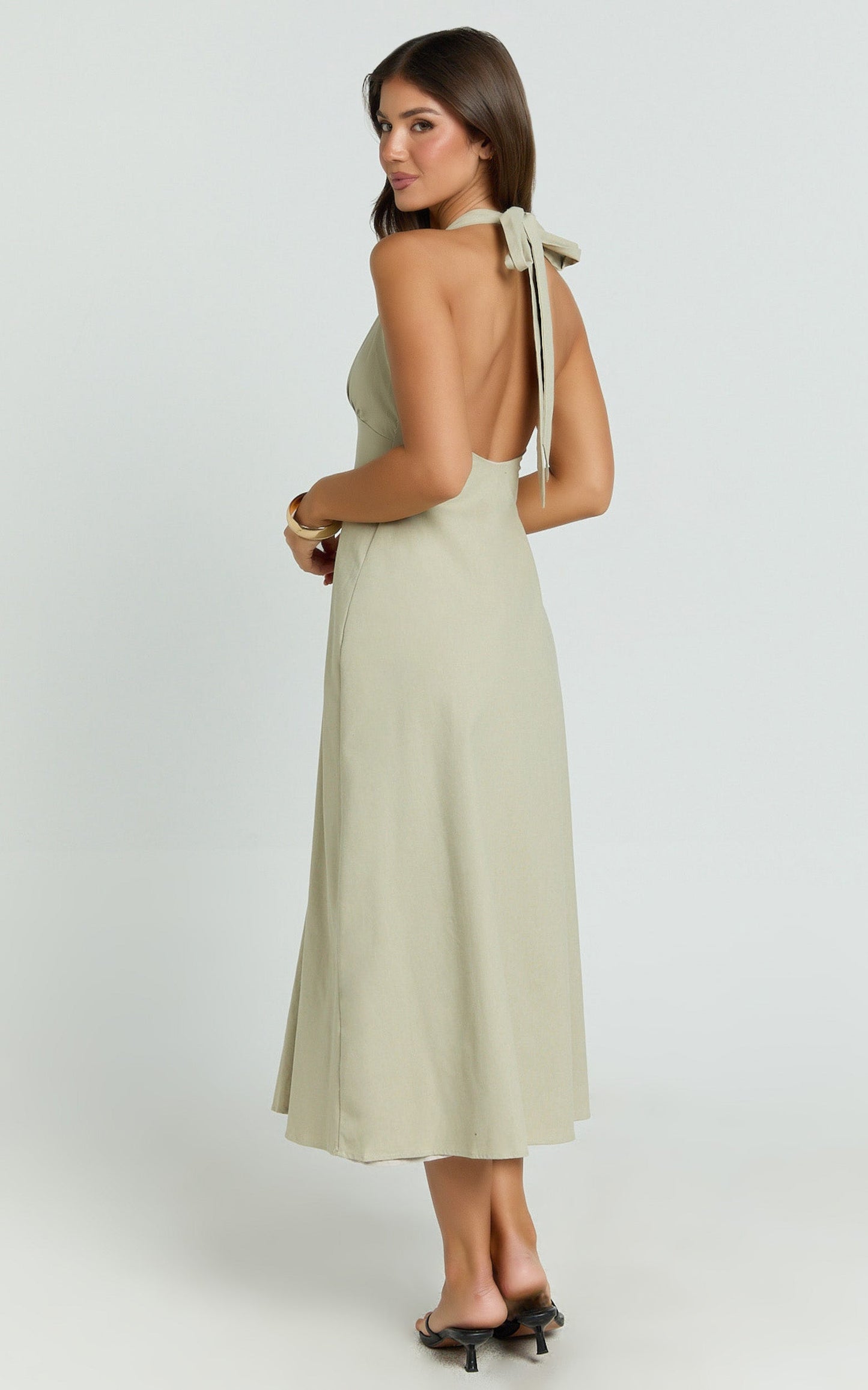 Beata Midi Dress - Plunge Halter A-Line Dress in Sage