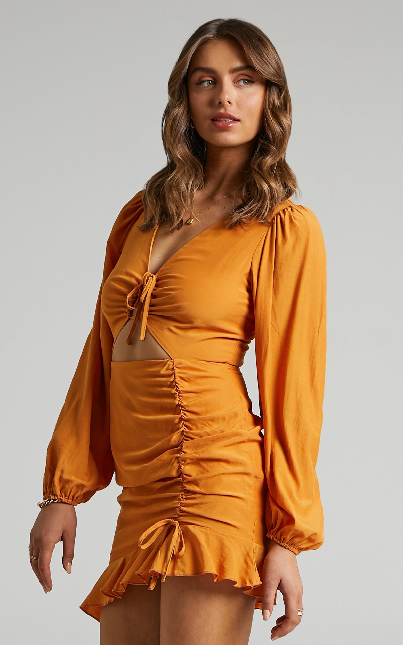 Beatrix Drawstring Detail Mini Dress in Orange