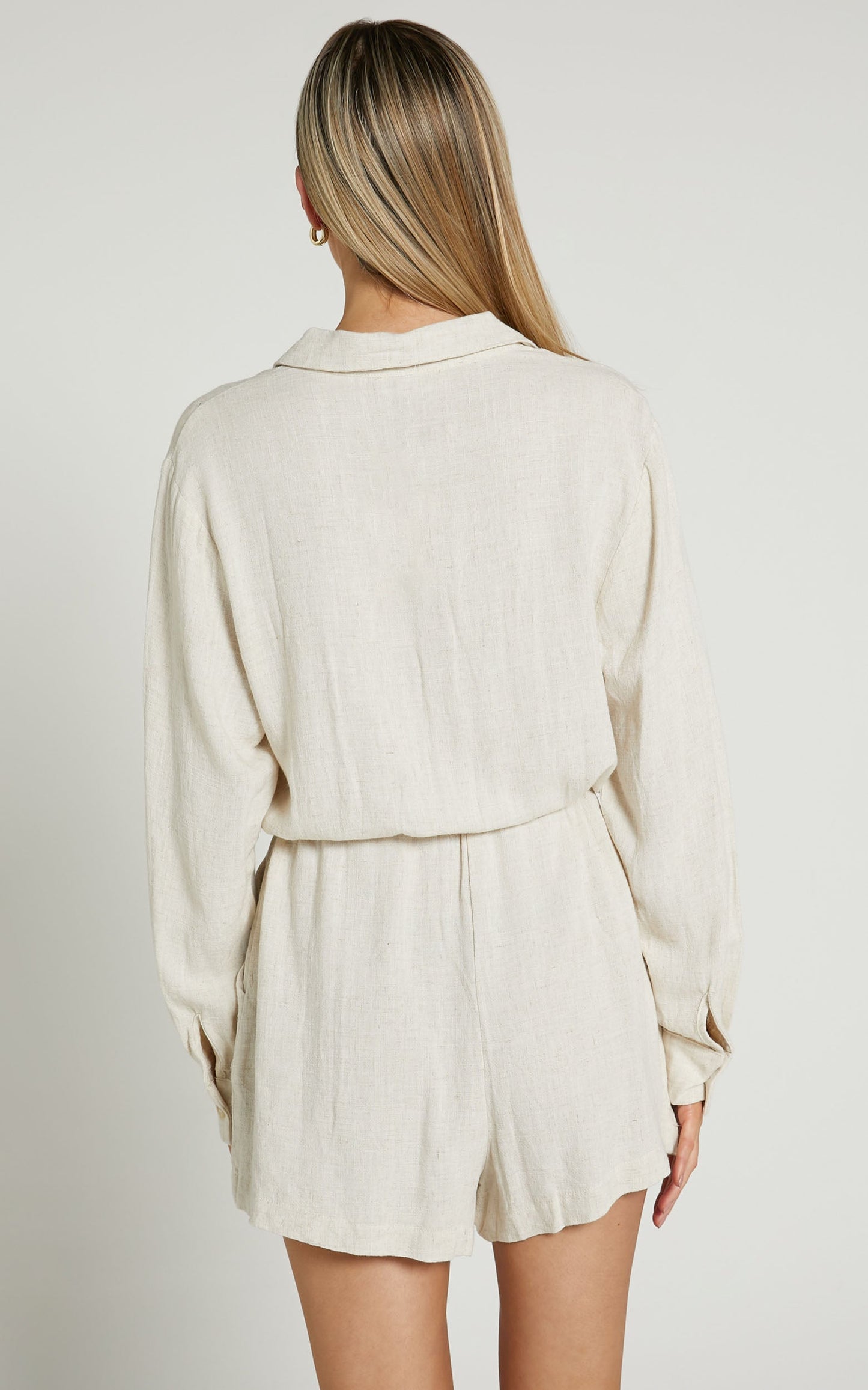Beau Playsuit - Long Sleeve Collared Playsuit in Biscuit
