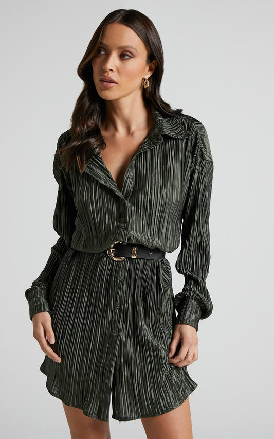 Beca Mini Dress - Crinkle Button Up Shirt Dress with Buckle Hardware Detail in Olive