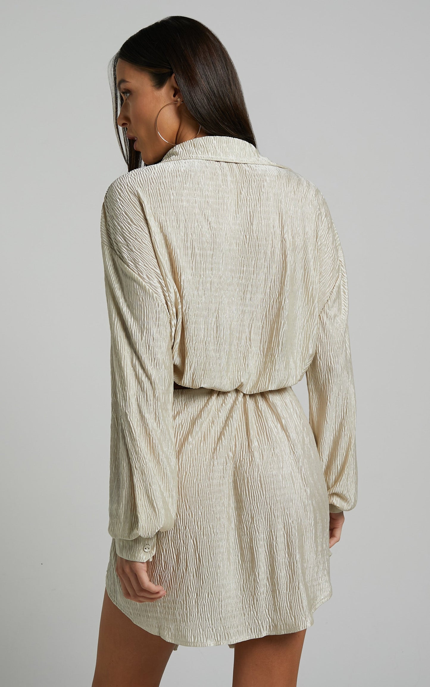 Beca Mini Dress - Crinkle Button Up Shirt Dress with Buckle Hardware Detail in Sand