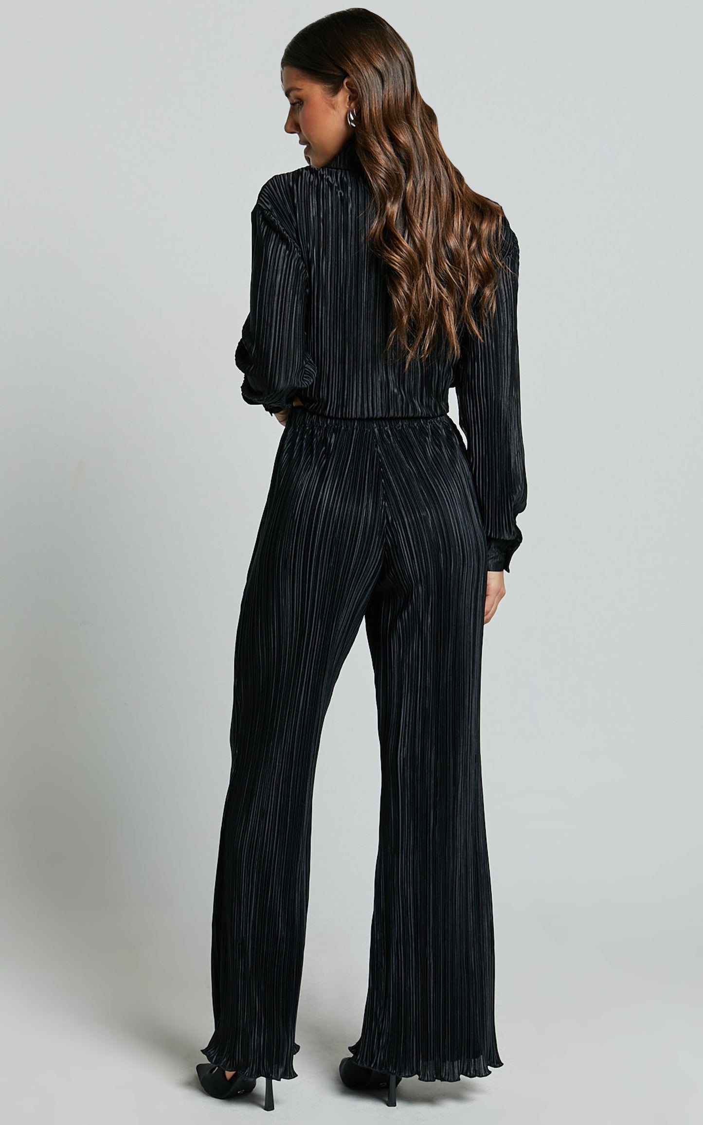 Beca Pants - High Waisted Plisse Flared Pants in Black