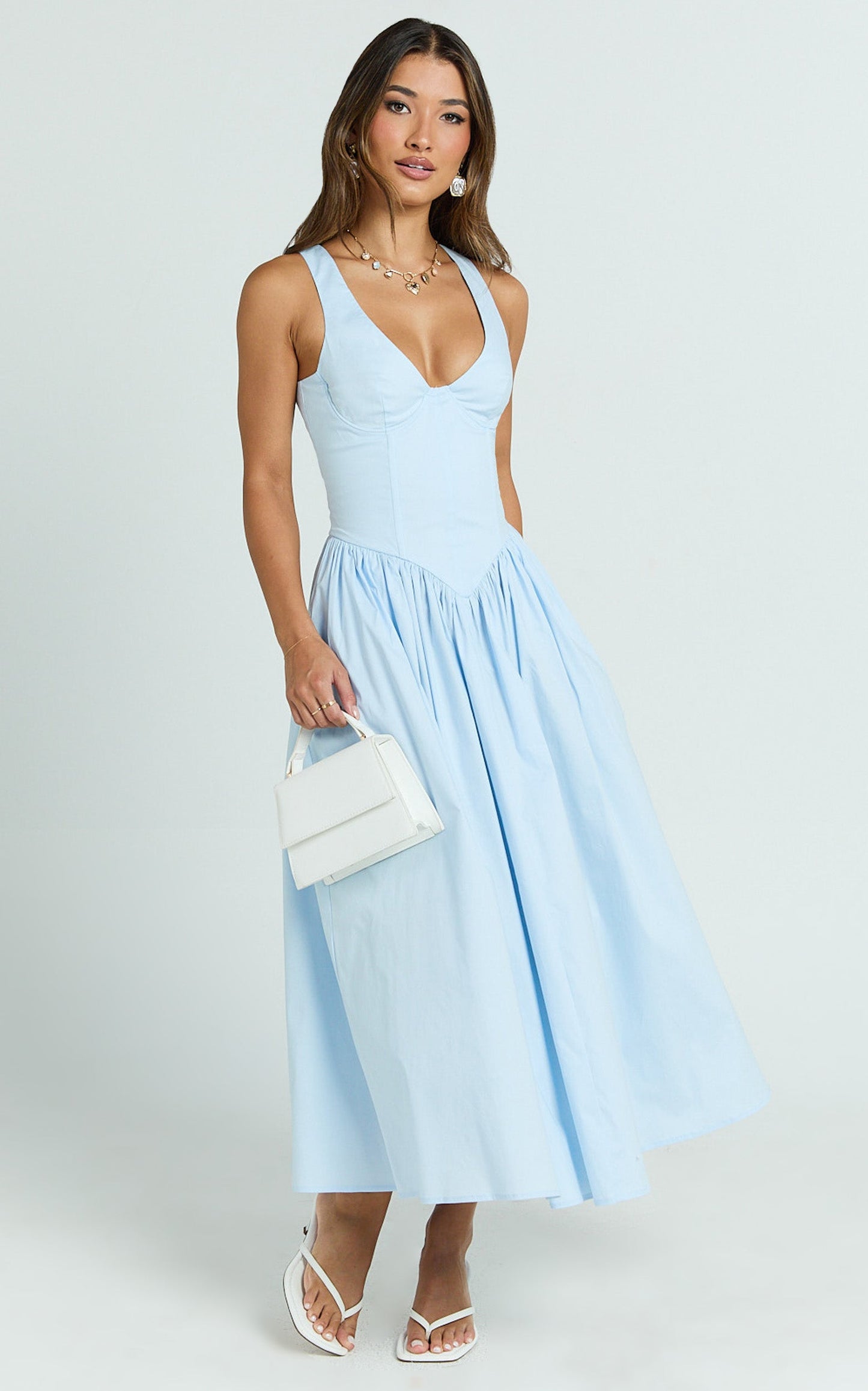 Beckett Midi Dress - Scoop Neck Drop V Waist Gathered Skirt Dress in Blue