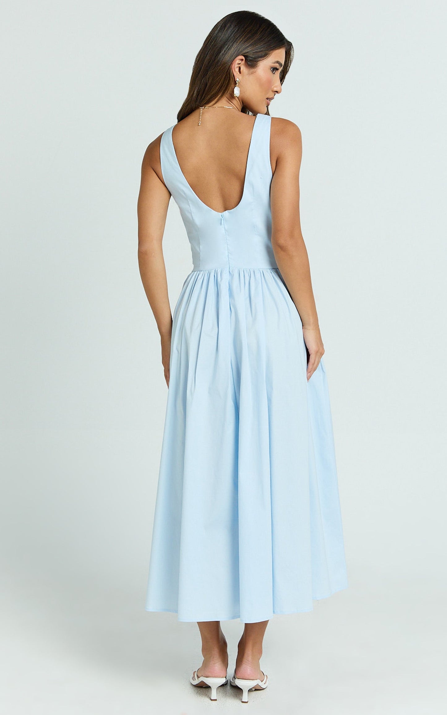 Beckett Midi Dress - Scoop Neck Drop V Waist Gathered Skirt Dress in Blue