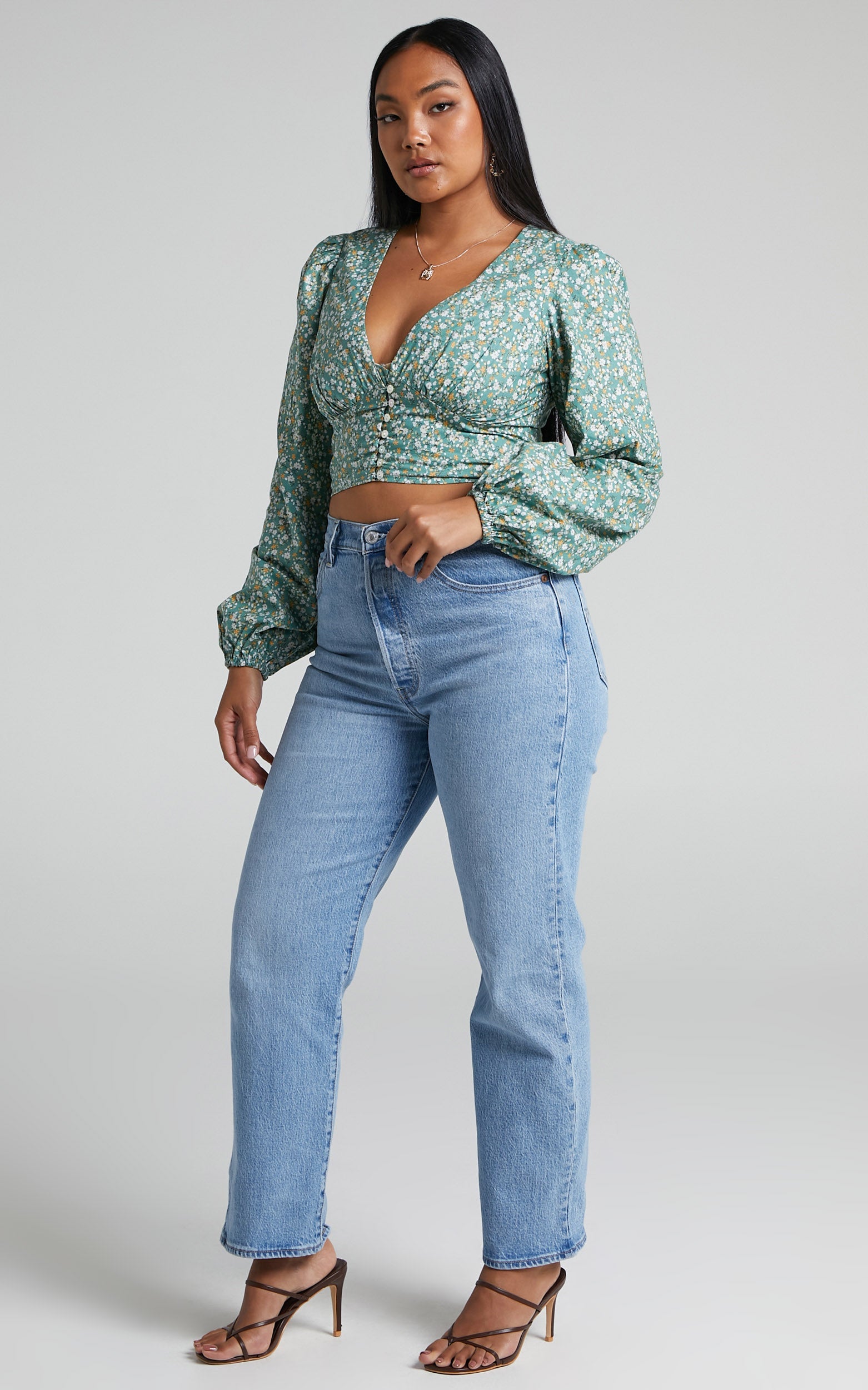 Belisario Puff Long Sleeve V Neck Crop Top in Green Floral
