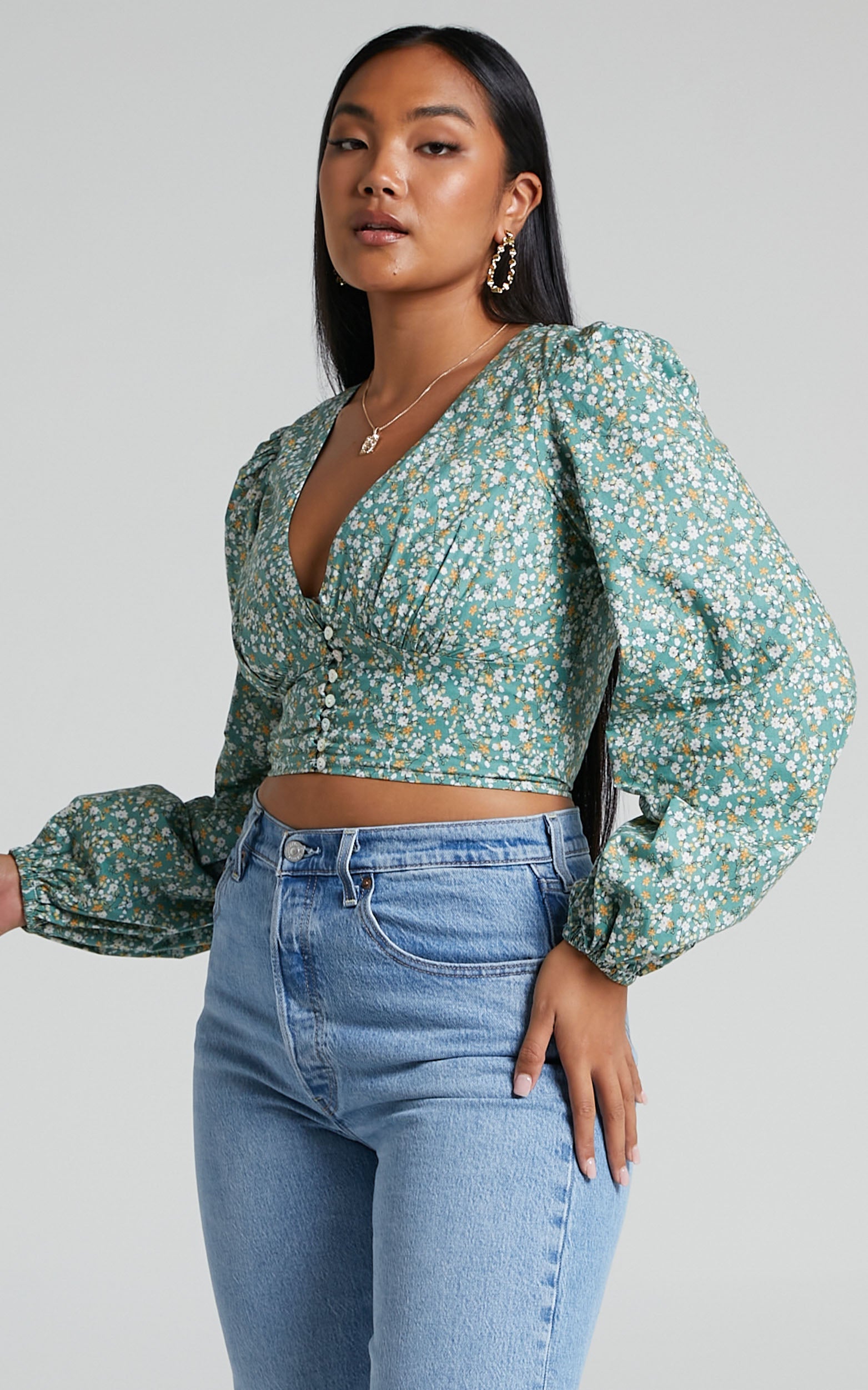 Belisario Puff Long Sleeve V Neck Crop Top in Green Floral