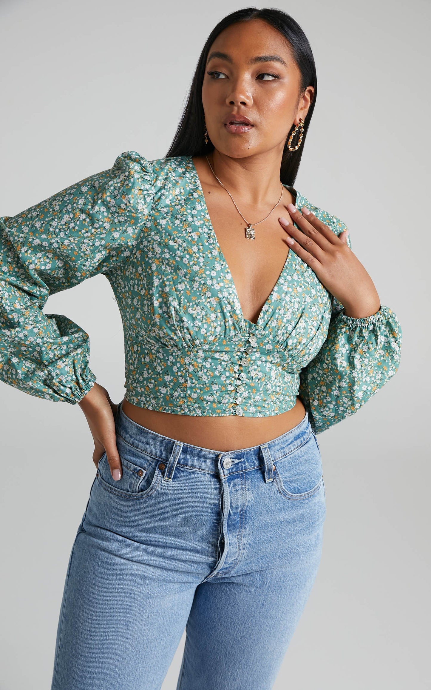 Belisario Puff Long Sleeve V Neck Crop Top in Green Floral