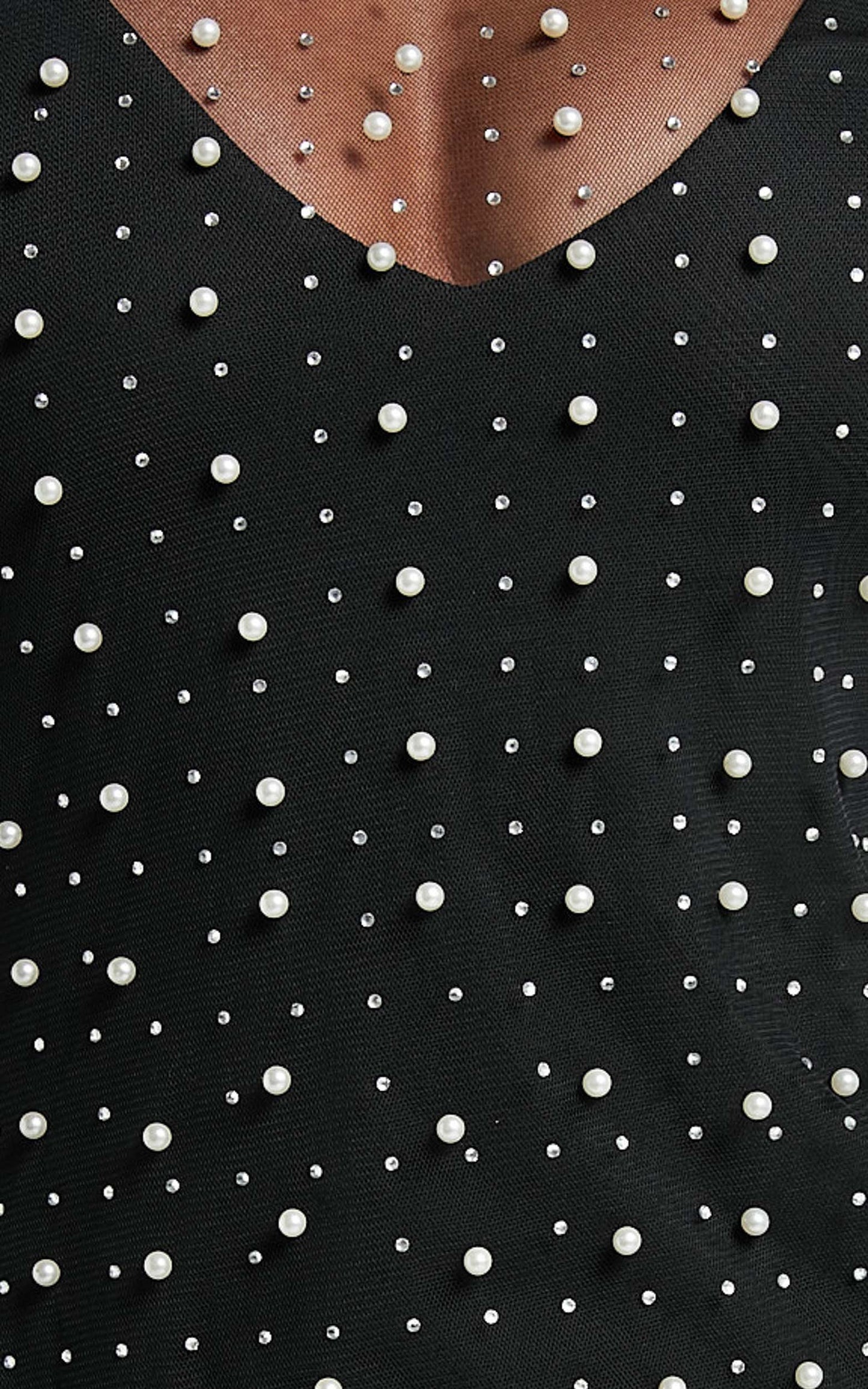 Bella Midi Dress - Pearl Detail Sheer Dress in Black